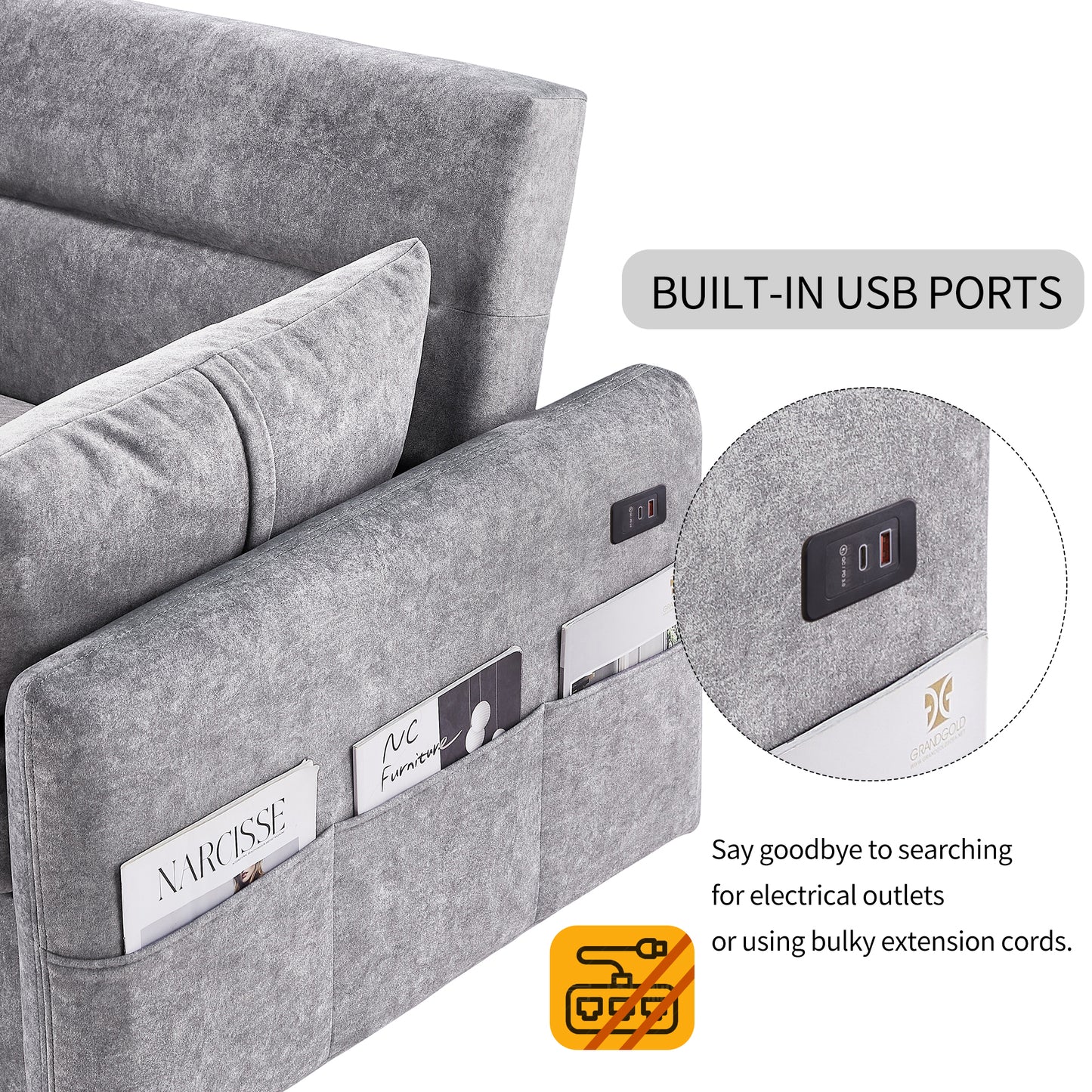 55.1" Pull Out Sleep Sofa Bed Loveseats Sofa Couch with Adjsutable Backrest, Storage Pockets, 2 Soft Pillows, USB Ports for Living Room, Bedroom, Apartment, Office,Grey (Old SKU:WF315689AAE)