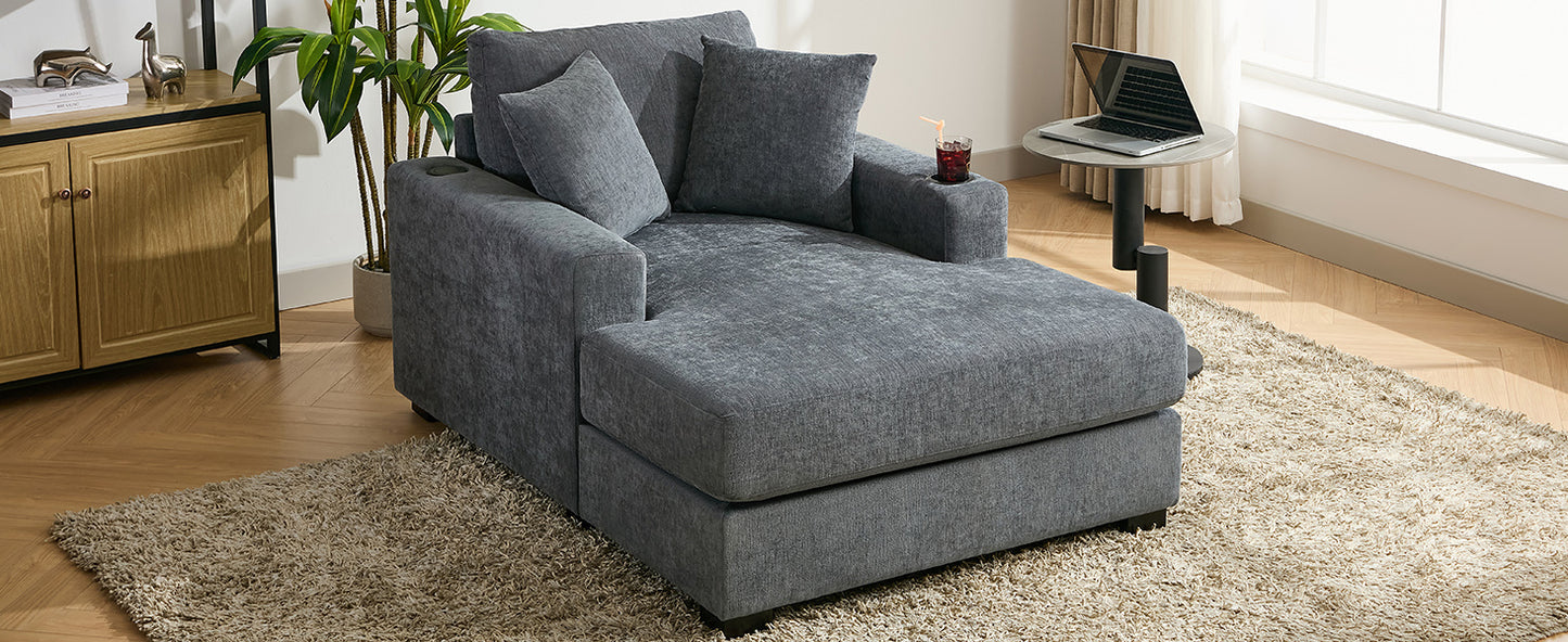 43.5" Oversized Chaise Lounger Modern Style Sofa Couch ,with Pillows, Charge Station & Cup Holders, Chenille Fabric, Blue Gray