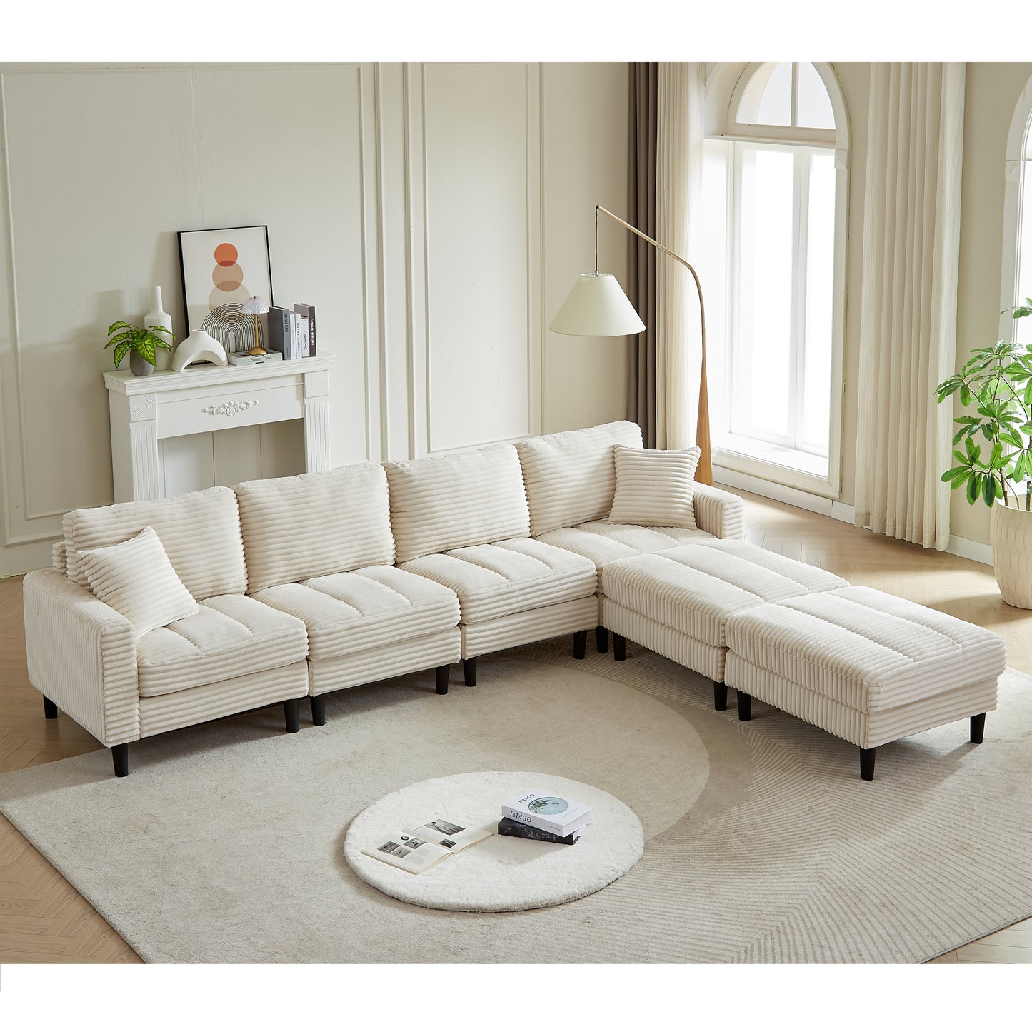 122.5-Inch Oversized U-Shaped Modular Sofa, Corduroy Fabric Sofa, Living Room Sectional Sofa with 2 Pillows, Two ottoman, plastic leg, Beige