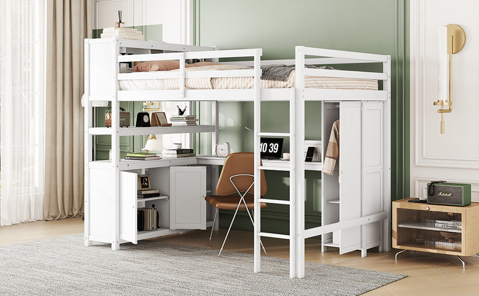 Wood Loft Bed with Cabinet and Bookshelf, Full Size Loft with Wardrobe and Desk for Kids,White (Expect Arrival Date 2024/8/25)