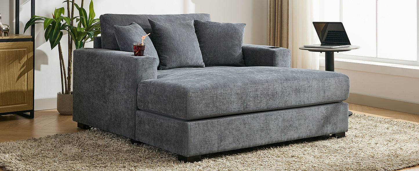 55" Oversized Chaise Lounger Modern Style Sofa Couch ,with Pillows, Charge Station & Cup Holders, Chenille Fabric, Blue Gray