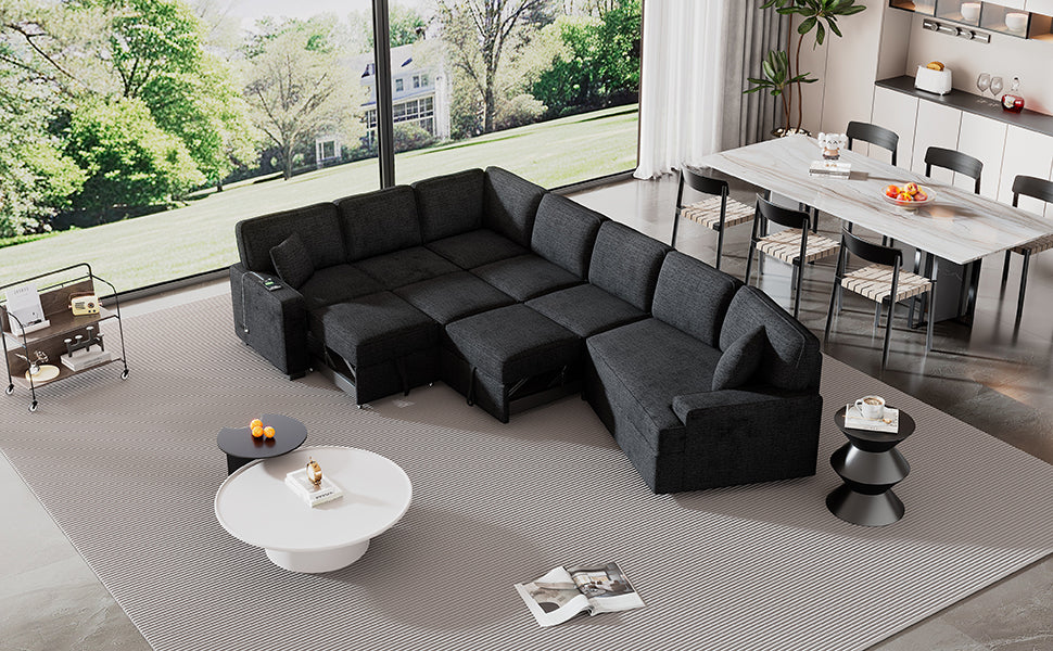 126" L-shaped Sofa Sectional Sofa Couch Pull-out Sofa Bed with Charging Devices and Cup Holders for Living Room, Blue Black