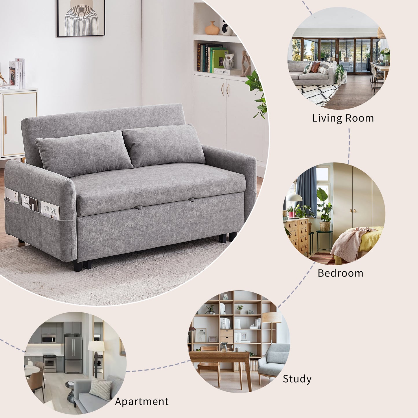 55.1" Pull Out Sleep Sofa Bed Loveseats Sofa Couch with Adjsutable Backrest, Storage Pockets, 2 Soft Pillows, USB Ports for Living Room, Bedroom, Apartment, Office,Grey (Old SKU:WF315689AAE)