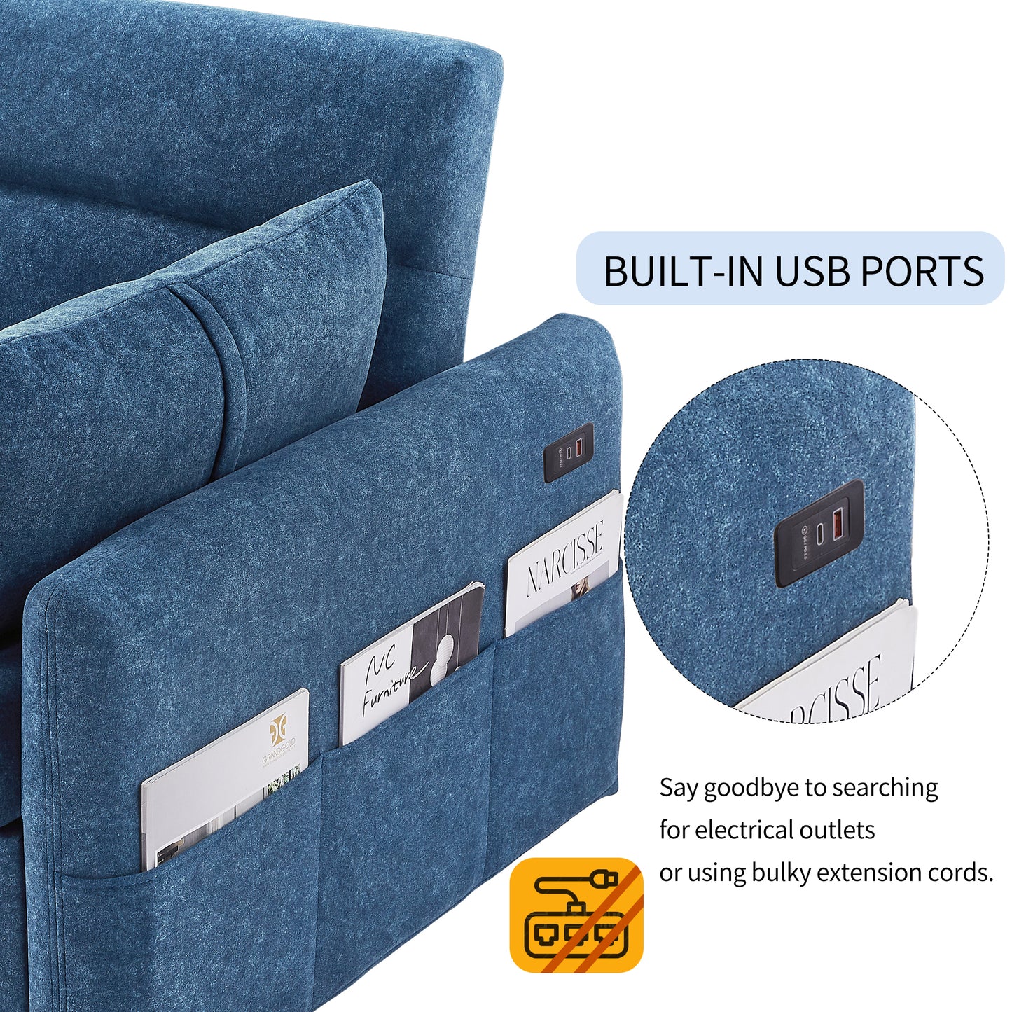 55.1" Pull Out Sleep Sofa Bed Loveseats Sofa Couch with Adjsutable Backrest, Storage Pockets, 2 Soft Pillows, USB Ports for Living Room, Bedroom, Apartment, Office, Blue (Old SKU: WF315689AAC)