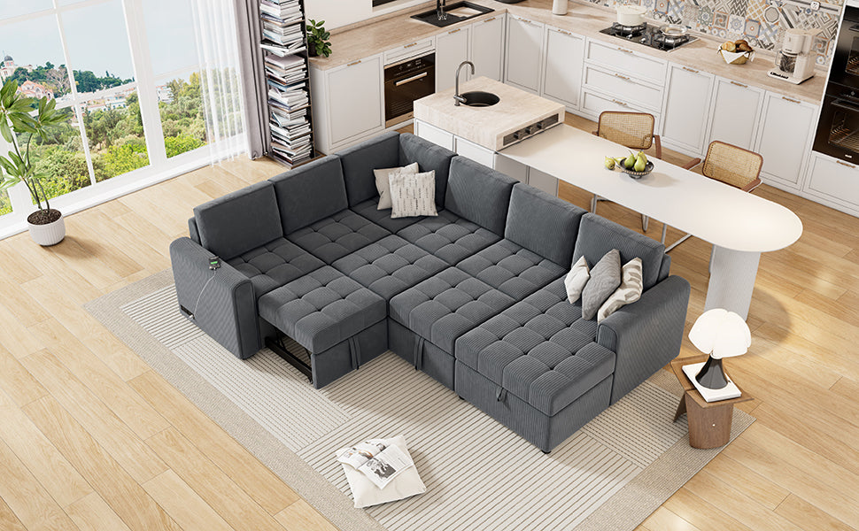 107.5" U-shaped Sofa Sectional Sofa Pull-out Sofa bed with a Storage Chaise Lounge, Charging Devices for Living Room, Gray