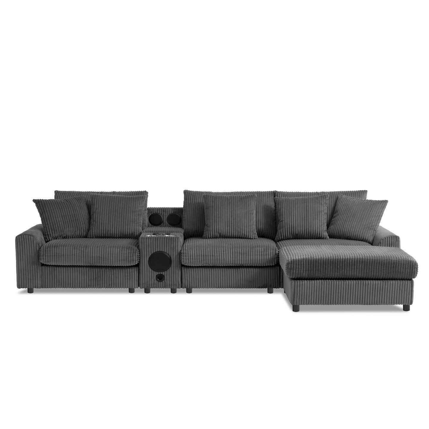 [New+Video]114*64'' Corduroy Sectional Sofa with Bluetooth Speakers,L Shaped Couch with Console,USB Charger,Cup Holders,Storage,Ottoman,Deep and Wide Seat Cloud Sofa for Living Room,Apartment,2 Colors