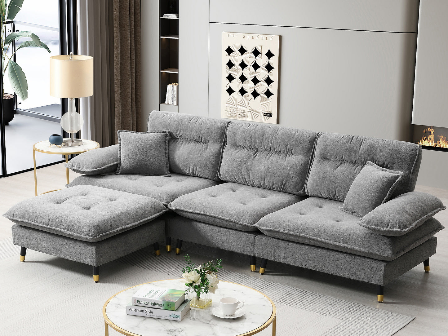 [VIDEO provided][New]106*66.5" L shaped Convertible Sectional Sofa,4 Seat Tufted Couch Set with Two-tone Adjust Legs,Cloud Chenille Fabric,Movable Ottoman for Living Room,  Apartment,Office,3 Colors