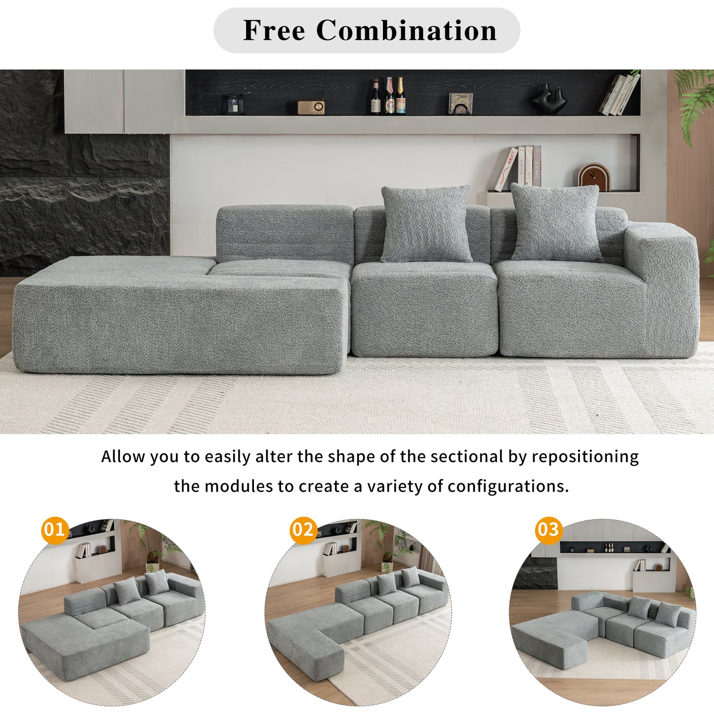 116.5" Sectional Sofa Full-compressed Sofa Couch Free-combined Sofa for Living Room, Grey