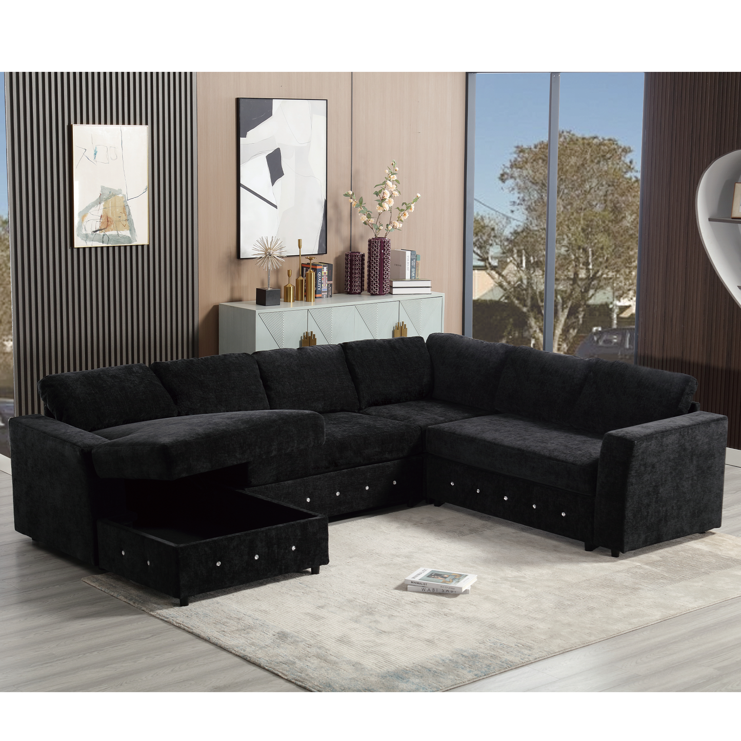 [NEW ARRIVED] [VIDEO PROVIDED]110.75" Sectional Sofa,Oversized modular sofa,Chaise Storage, Modern U Shaped  Couch , Upholstered Sofas,Chenille,Crystal button , Living Room, Apartment, Black