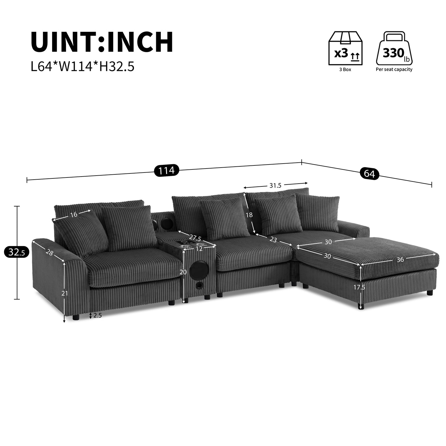 [New+Video]114*64'' Corduroy Sectional Sofa with Bluetooth Speakers,L Shaped Couch with Console,USB Charger,Cup Holders,Storage,Ottoman,Deep and Wide Seat Cloud Sofa for Living Room,Apartment,2 Colors