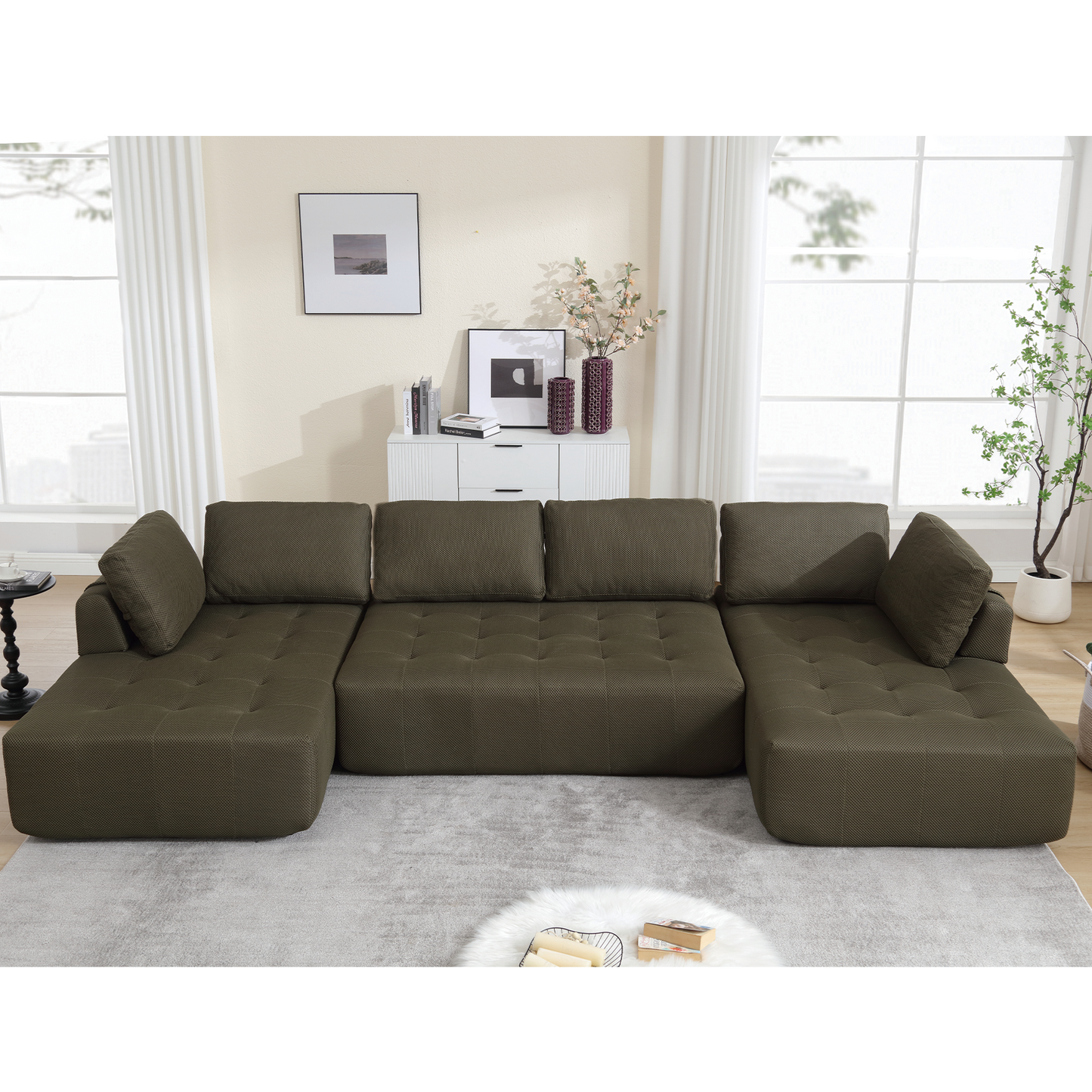 [NEW ARRIVED] [VIDEO PROVIDED]138.5 "Modular Combination Sofa, U-shaped Sofa, Living Room, Apartment, Upholstered ,6-seat Sofa, Free Combination Sofa (Mesh Fabric), Breathable Fabric,Green