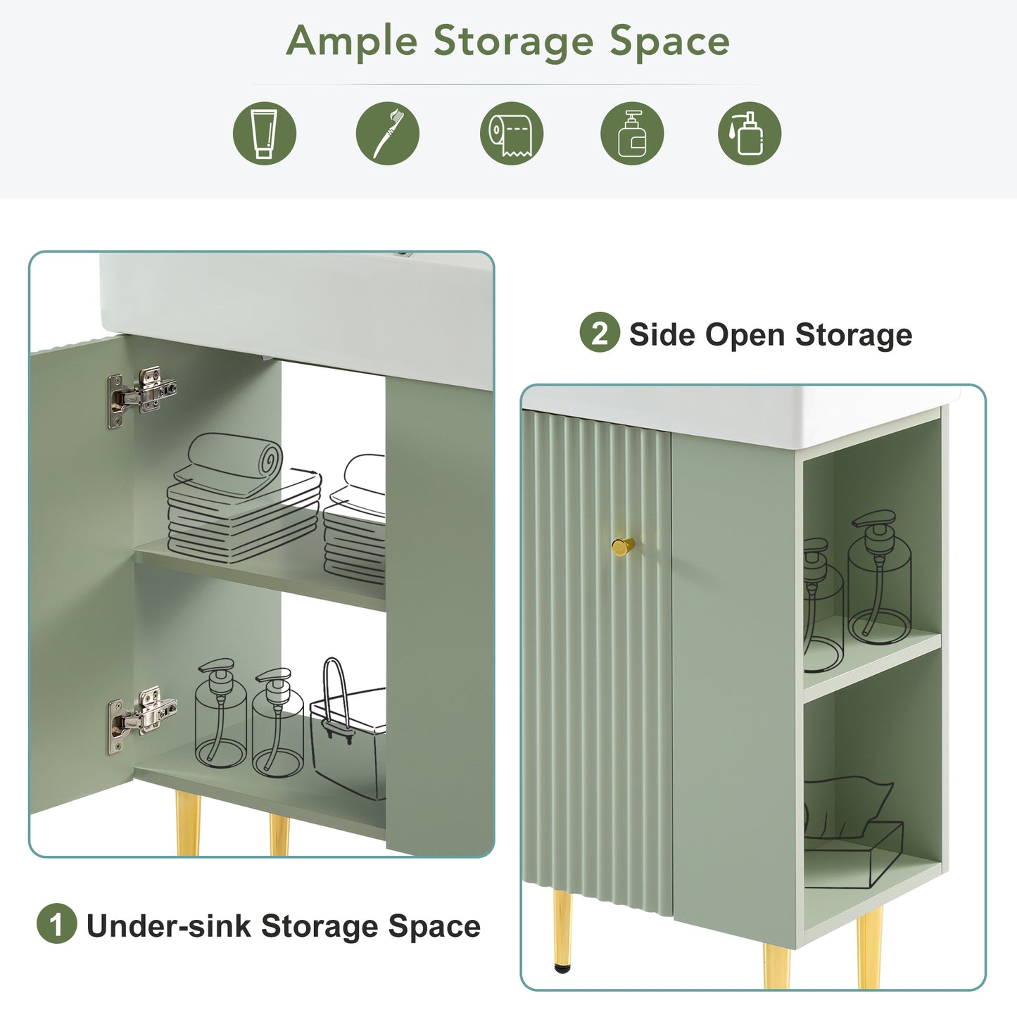 21.6" Green Bathroom vanity, Combo Cabinet, Bathroom Storage Cabinet, Single Ceramic Sink, Right side storage