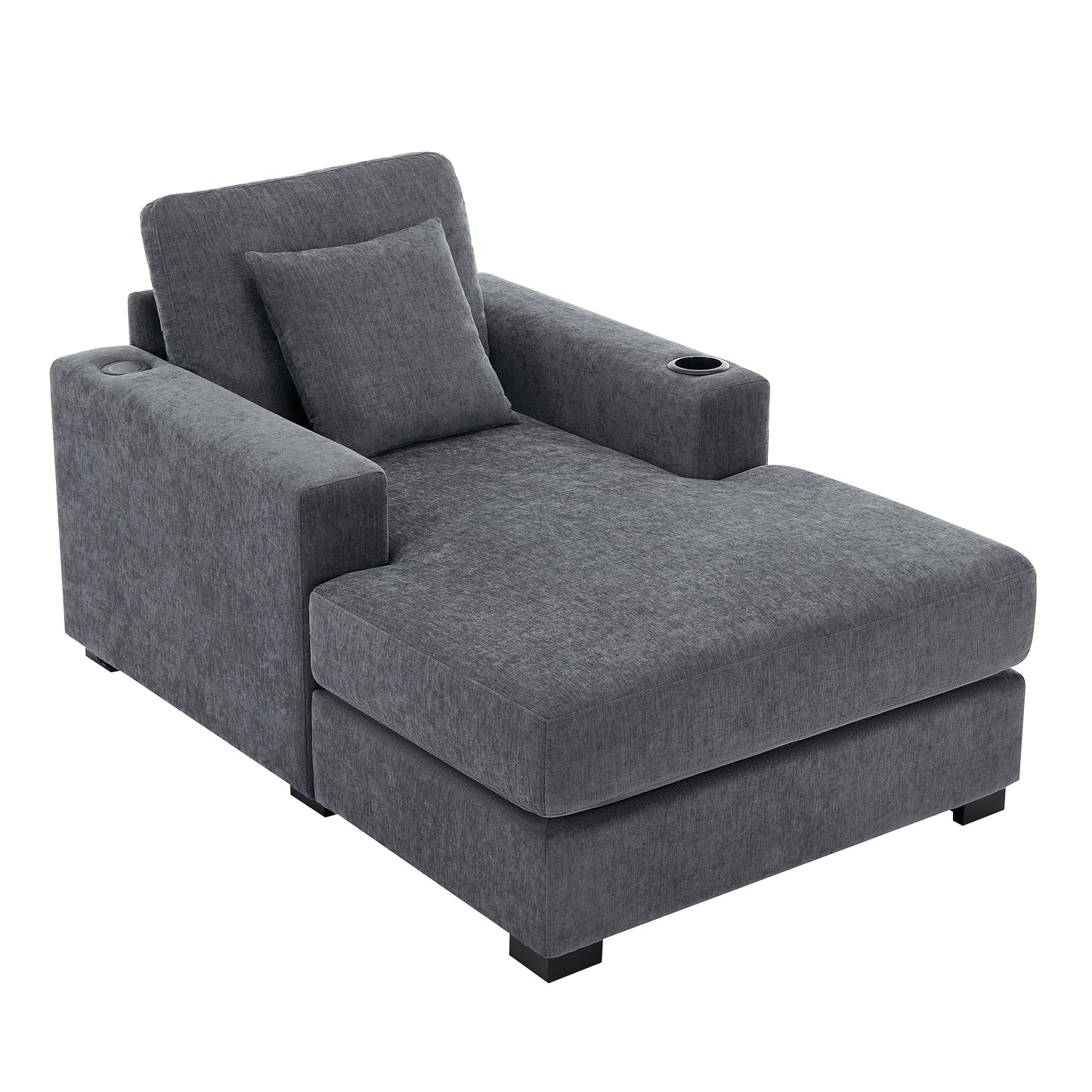 39.7" Oversized Chaise Lounger Modern Style Sofa Couch ,with Pillows, Charge Station & Cup Holders, Chenille Fabric, Blue Gray