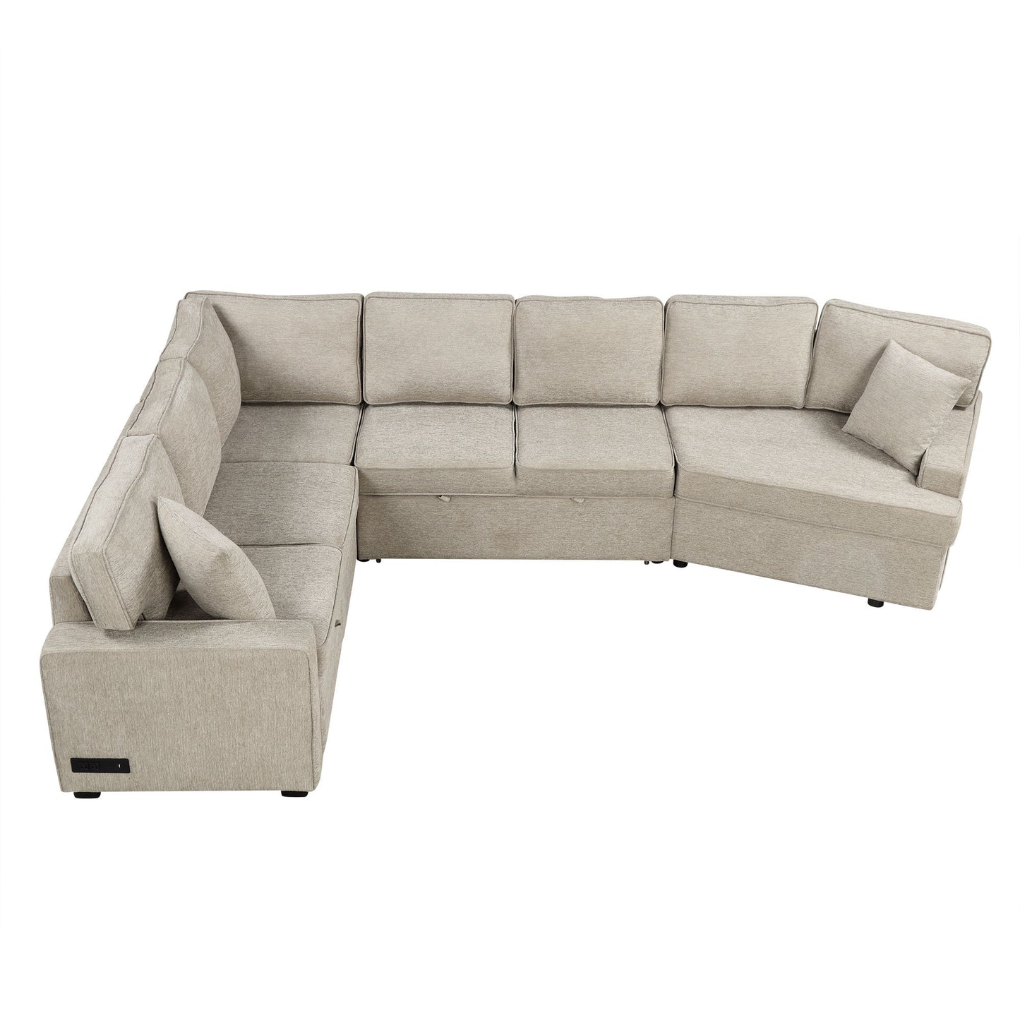 126" L-shaped Sofa Sectional Sofa Couch Pull-out Sofa Bed with Charging Devices and Cup Holders for Living Room, Beige