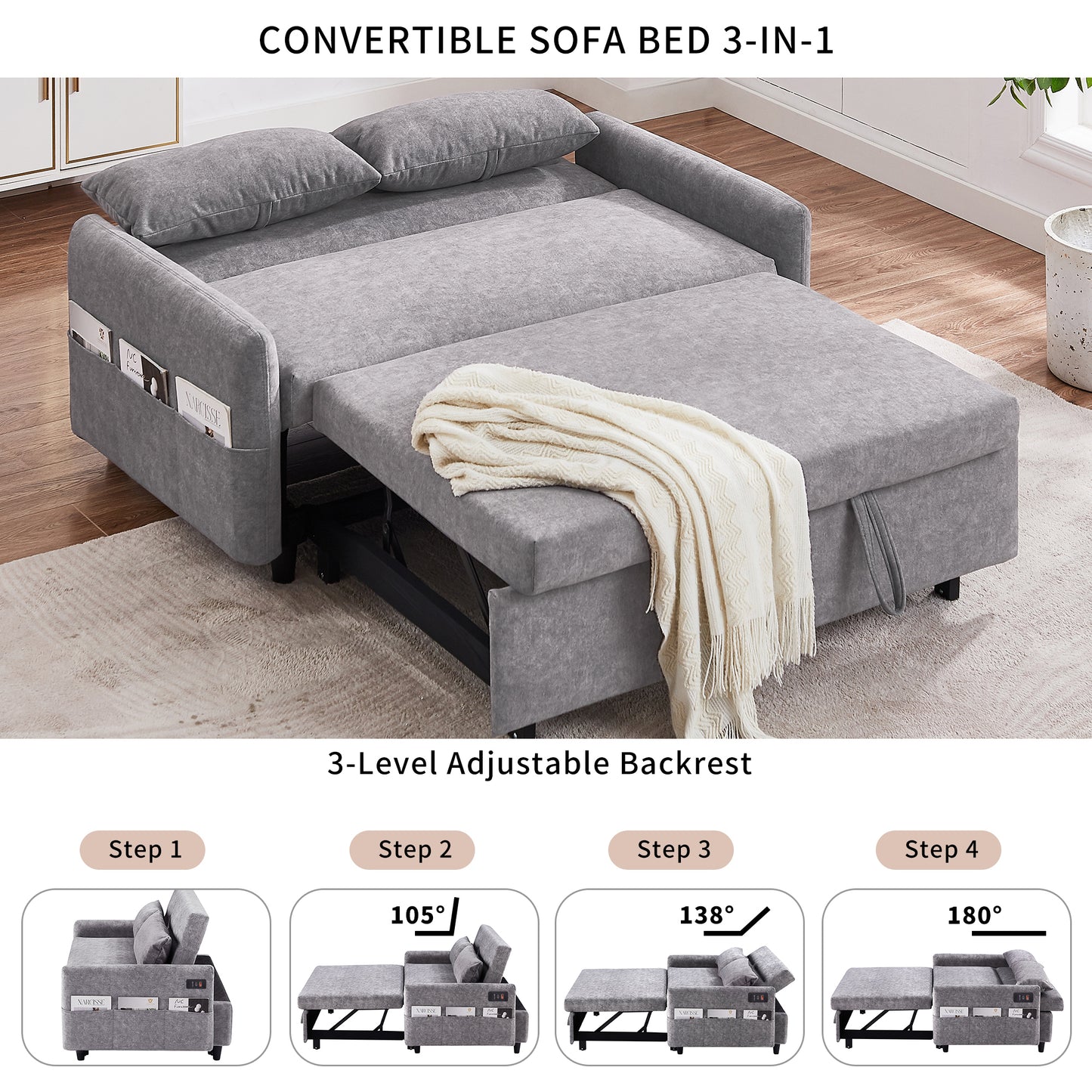 55.1" Pull Out Sleep Sofa Bed Loveseats Sofa Couch with Adjsutable Backrest, Storage Pockets, 2 Soft Pillows, USB Ports for Living Room, Bedroom, Apartment, Office,Grey (Old SKU:WF315689AAE)