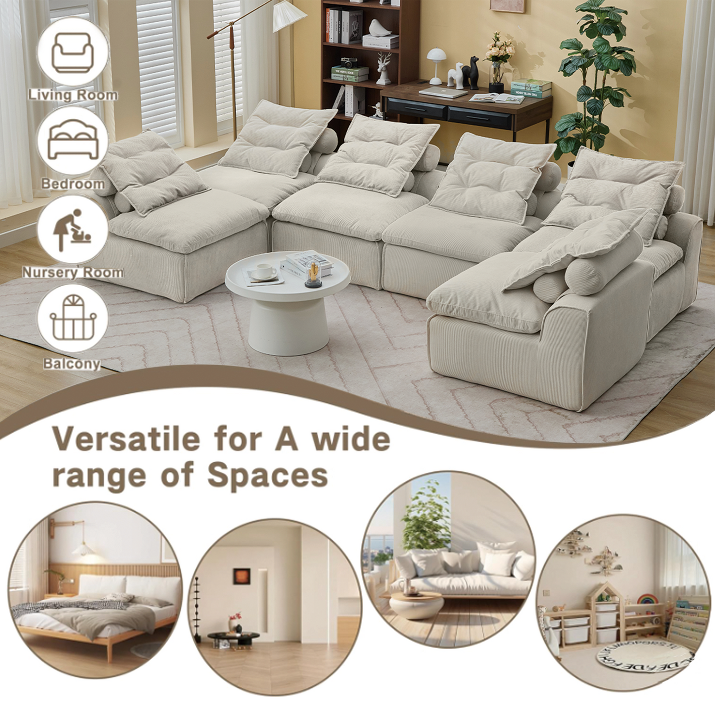 [NEW ARRIVED] [VIDEO PROVIDED]Modular Sofa,No Armrests,At will DIY,Corduroy ,Neck Pillow-Back Lounge Sofa Chair,Reading Nook, or Apartment Living, Lumbar Pillow,6 Seats,Upholstered,Beige