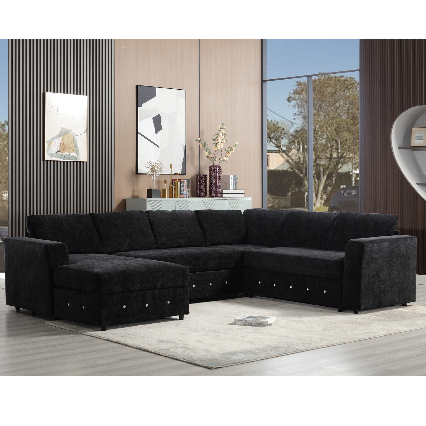 [NEW ARRIVED] [VIDEO PROVIDED]110.75" Sectional Sofa,Oversized modular sofa,Chaise Storage, Modern U Shaped  Couch , Upholstered Sofas,Chenille,Crystal button , Living Room, Apartment, Black