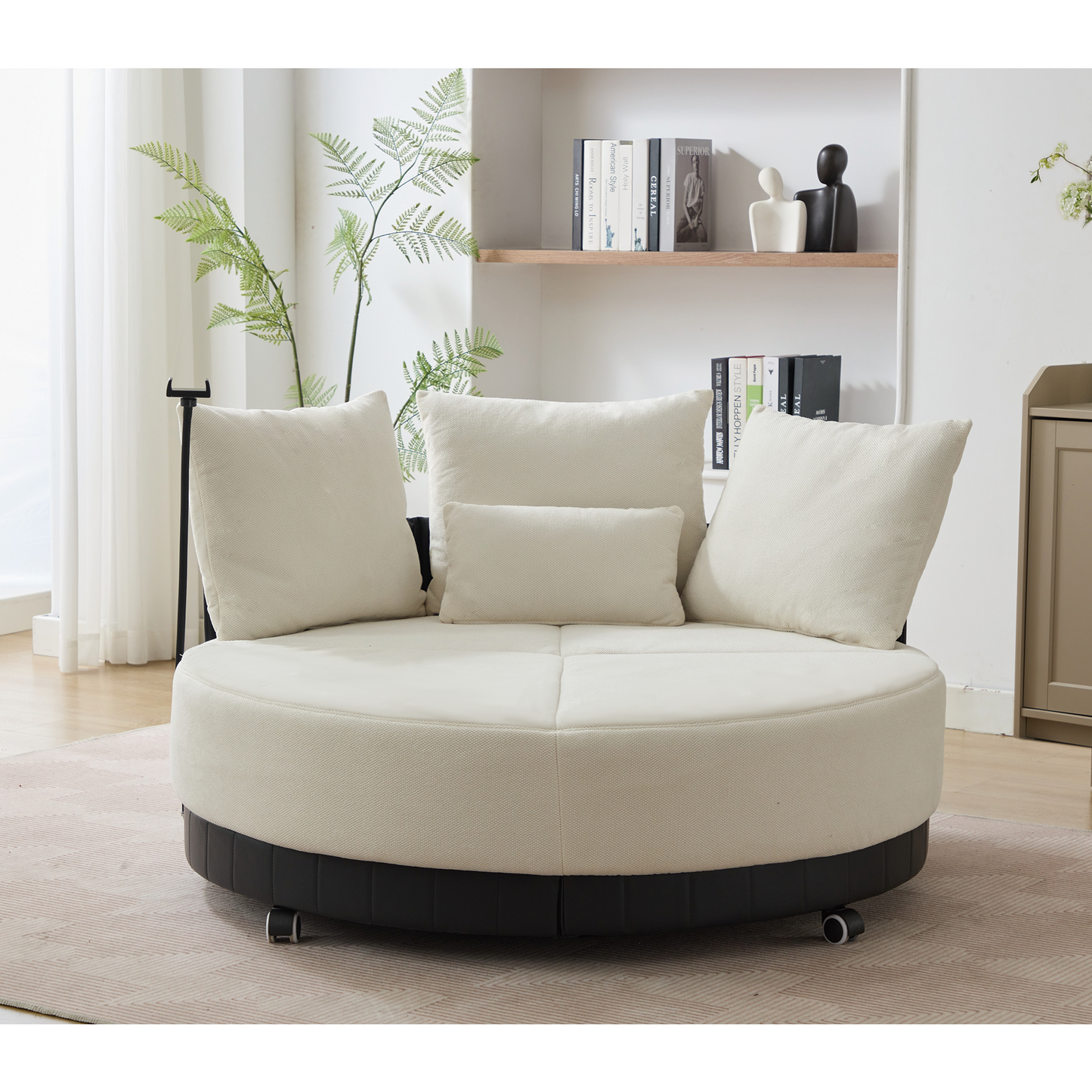 [NEW ARRIVED] [VIDEO PROVIDED]52.75'' Oversized Round Swivel  Chair,360° Swivel Chair, Couples chair,Adjustable phone stand,Swivel Chair,Rotating pulley,Polyester(Anti-Wrinkle),Beige