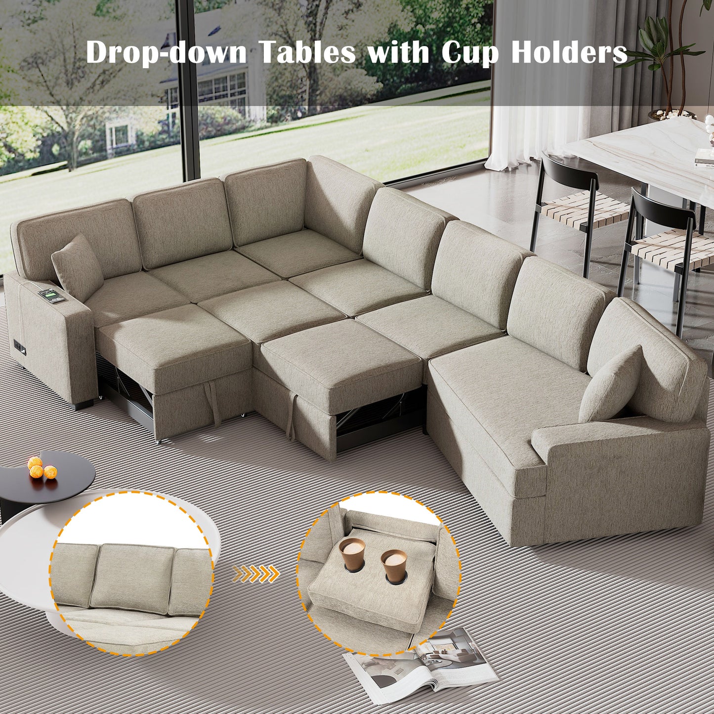 126" L-shaped Sofa Sectional Sofa Couch Pull-out Sofa Bed with Charging Devices and Cup Holders for Living Room, Beige