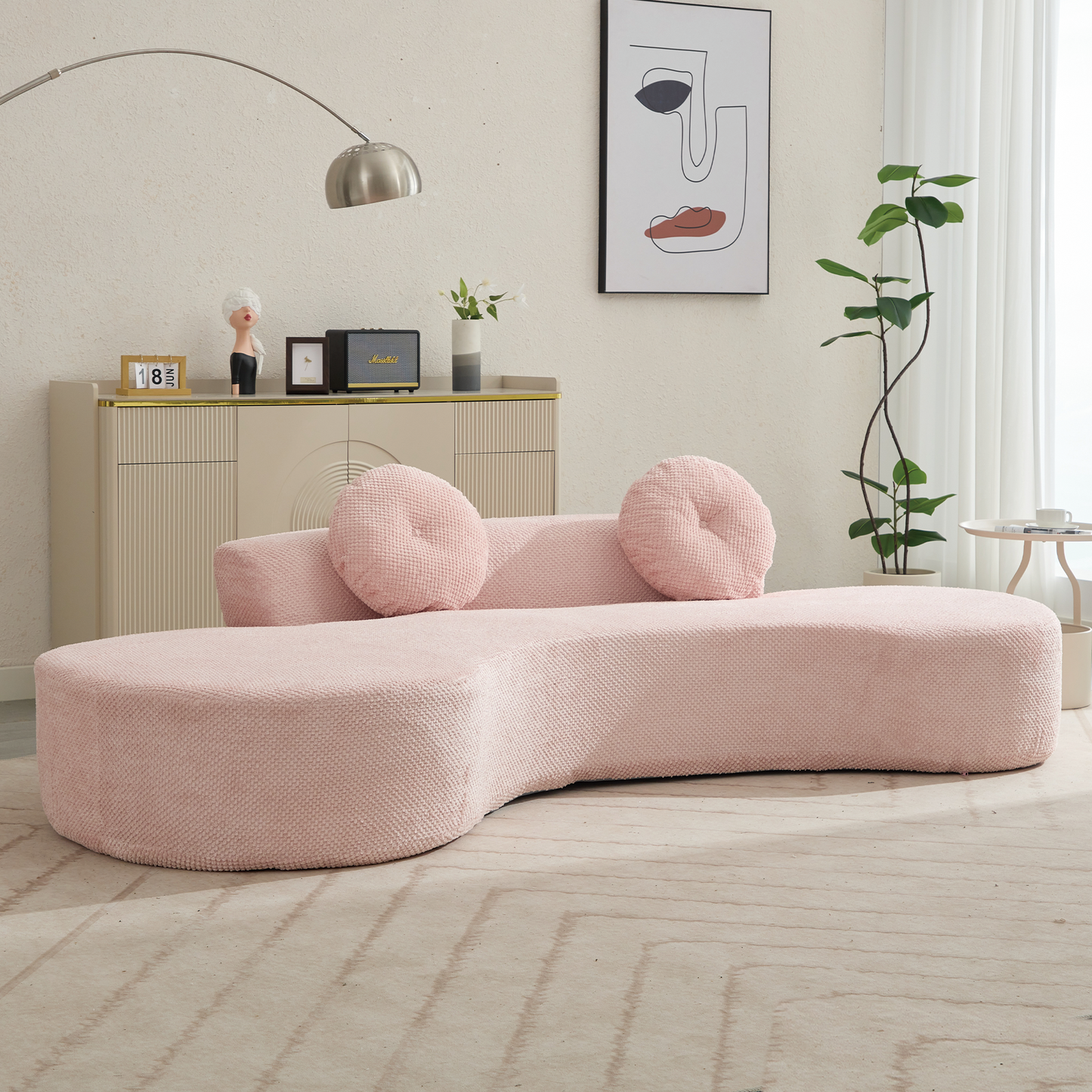 [NEW ARRIVED] [VIDEO PROVIDED]105.5''Curved Sofa, Modern Minimalist Sofa, Cloud Couch Sofa 3-4 Seater Couch with 2 Pillows,Bedroom,  No Assembly Required, Point-shaped corduroy,(Anti-Wrinkle) ,Pink