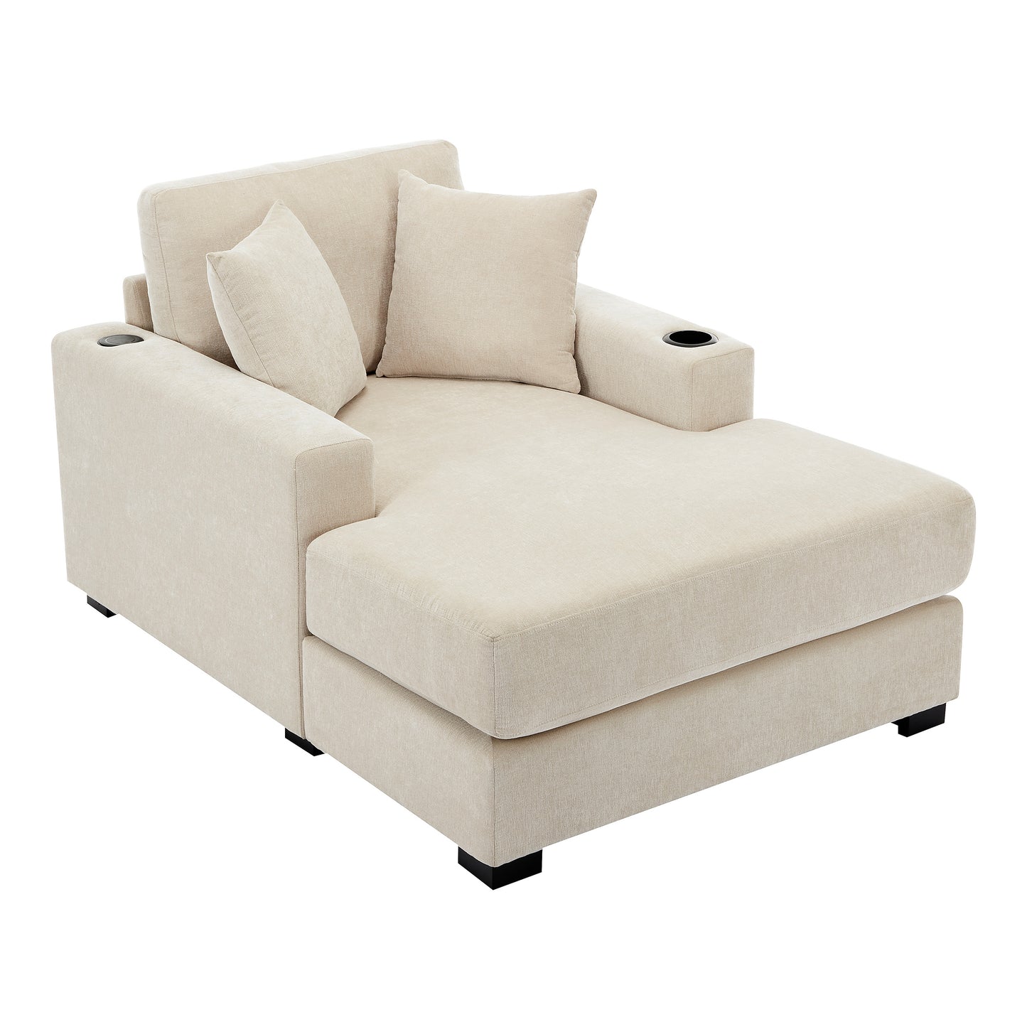 43.5" Oversized Chaise Lounger Modern Style Sofa Couch ,with Pillows, Charge Station & Cup Holders, Chenille Fabric, Cream