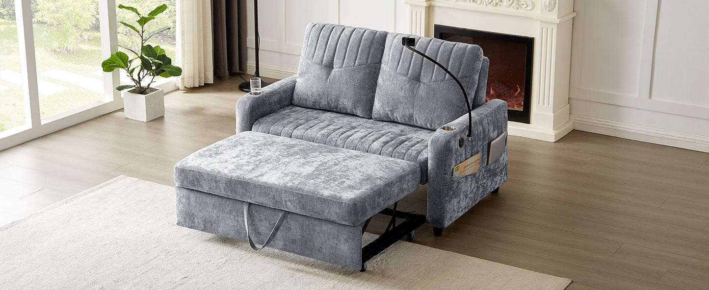 53.9" Modern Loveseat Pull-out Sofa Bed with Adjustable Backrest, Two Cup Holders , a Phone Holder, Three Charging Ports and Side Storage Pockets for Living Room, Grey