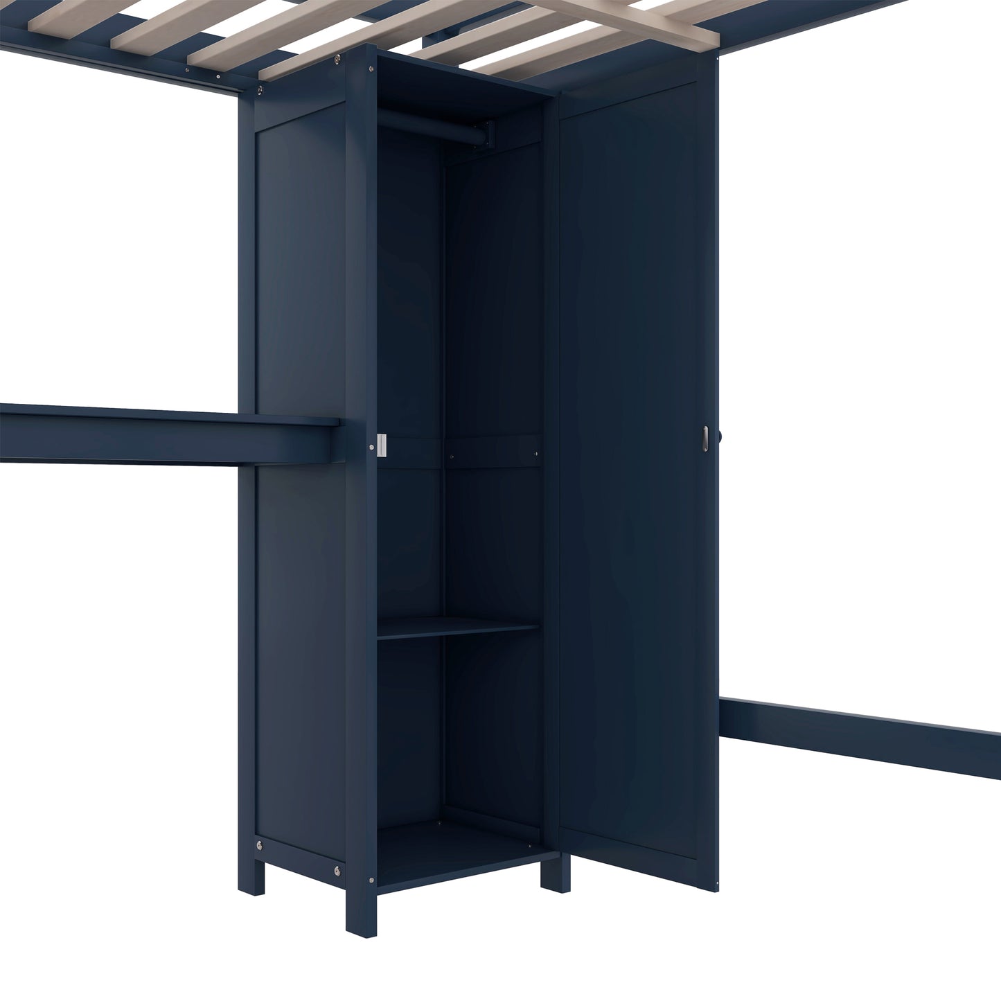 Wood Loft Bed with Cabinet and Bookshelf, Full Size Loft with Wardrobe and Desk for Kids,Dark Blue(Expect Arrival Date 2024/8/25)