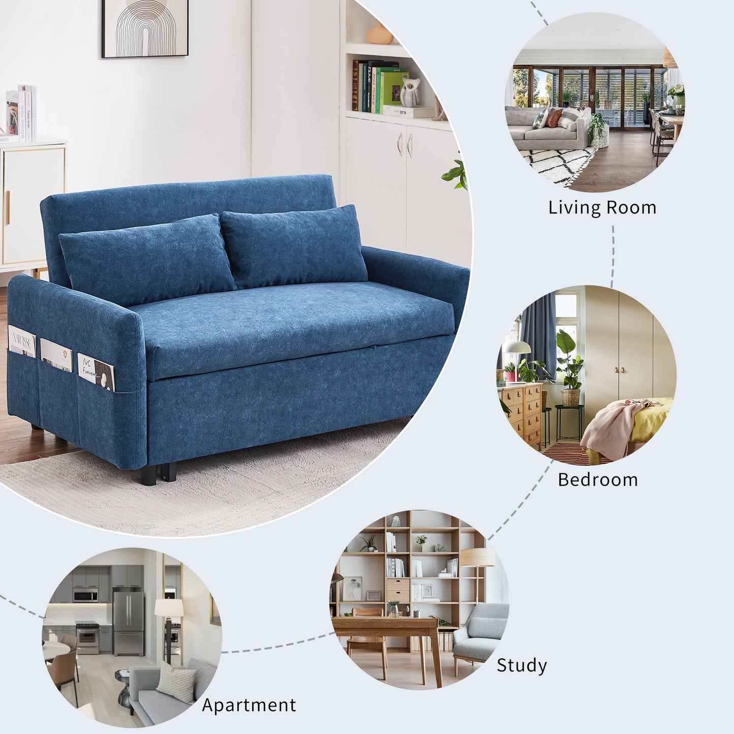 55.1" Pull Out Sleep Sofa Bed Loveseats Sofa Couch with Adjsutable Backrest, Storage Pockets, 2 Soft Pillows, USB Ports for Living Room, Bedroom, Apartment, Office, Blue (Old SKU: WF315689AAC)