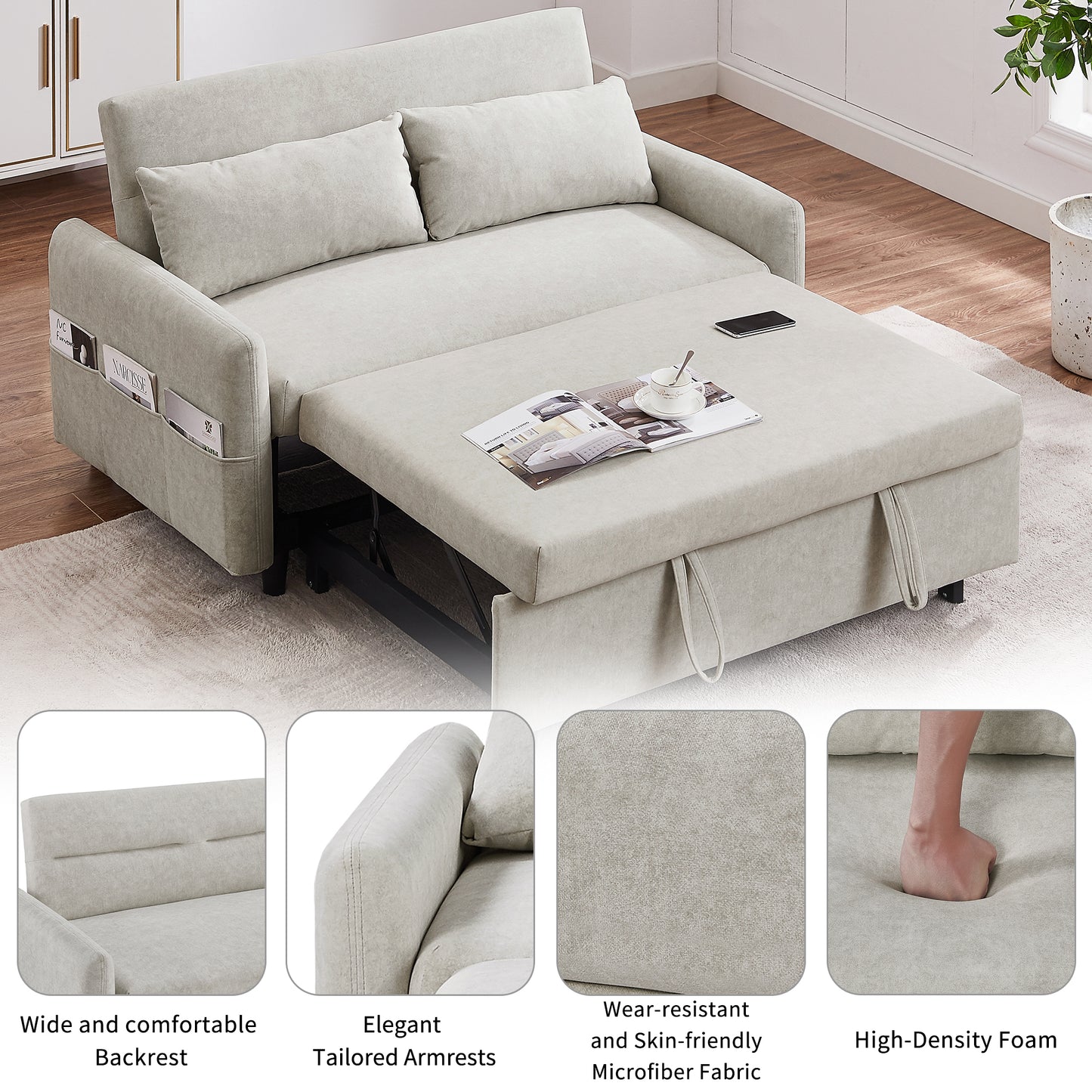 55.1" Pull Out Sleep Sofa Bed Loveseats Sofa Couch with Adjsutable Backrest, Storage Pockets, 2 Soft Pillows, USB Ports for Living Room, Bedroom, Apartment, Office, Beige (Old SKU: WF315689AAA)