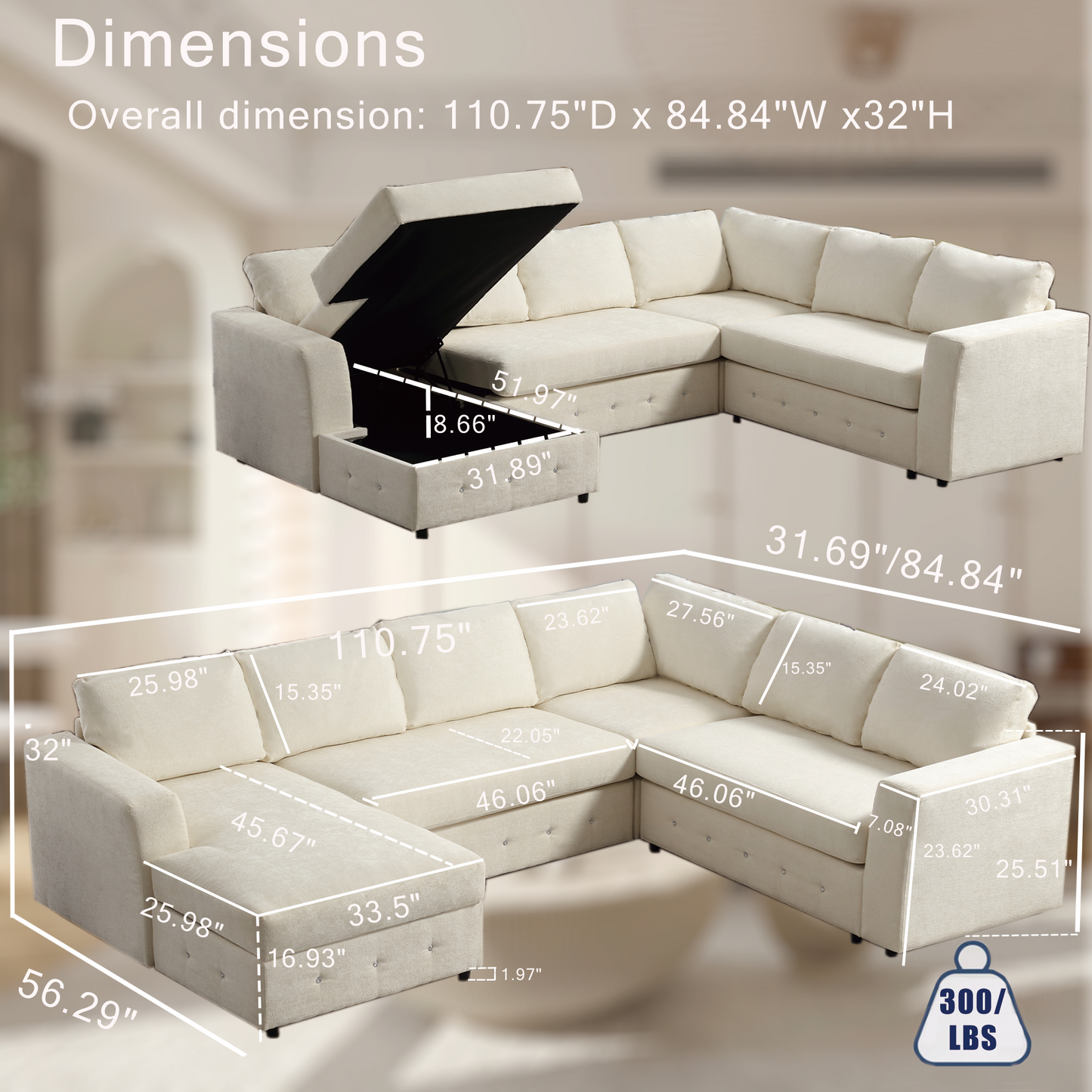 [NEW ARRIVED] [VIDEO PROVIDED]110.75" Sectional Sofa,Oversized modular sofa,Chaise Storage, Modern U Shaped  Couch , Upholstered Sofas,Chenille,Crystal button , Living Room, Apartment,  Beige