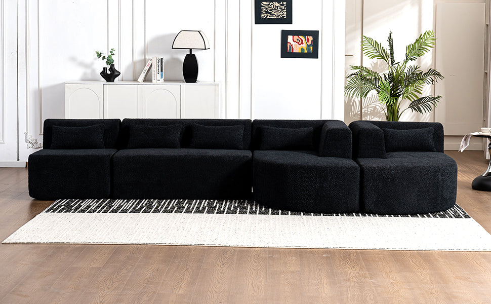 143.7" Upholstered Sofa Free-combined Sofa Couch with Two Chaise Lounge and Five Back Pillows for Living Room, Black