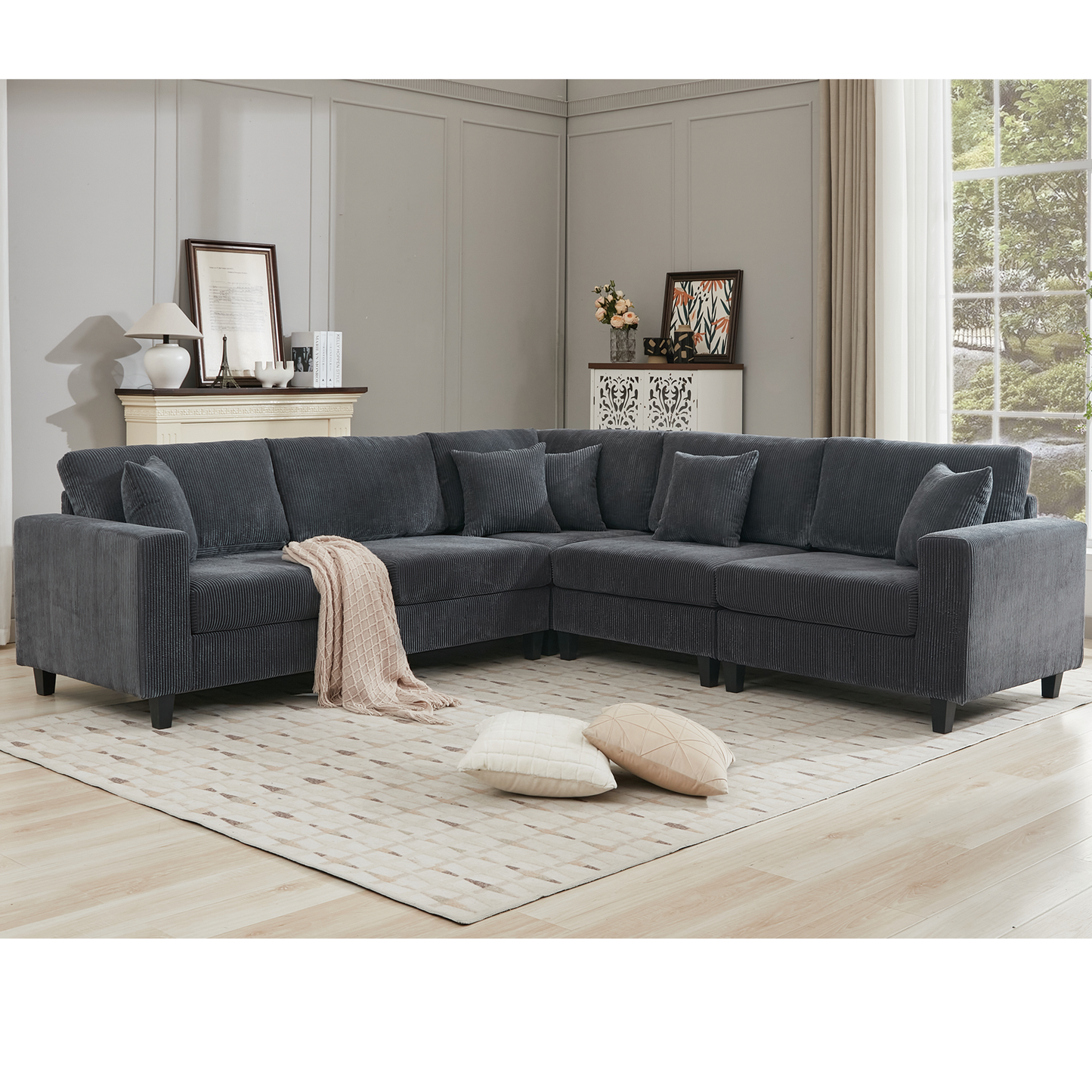 [NEW PACKAGING UPGRADE]Oversized Modular Sectional Sofa Set, L Shaped Couch,Corduroy ,Upholstered,Deep Seat,,5 Seat,5 Throw pillow and 6 back cushion,Living Room, Apartment , Gray