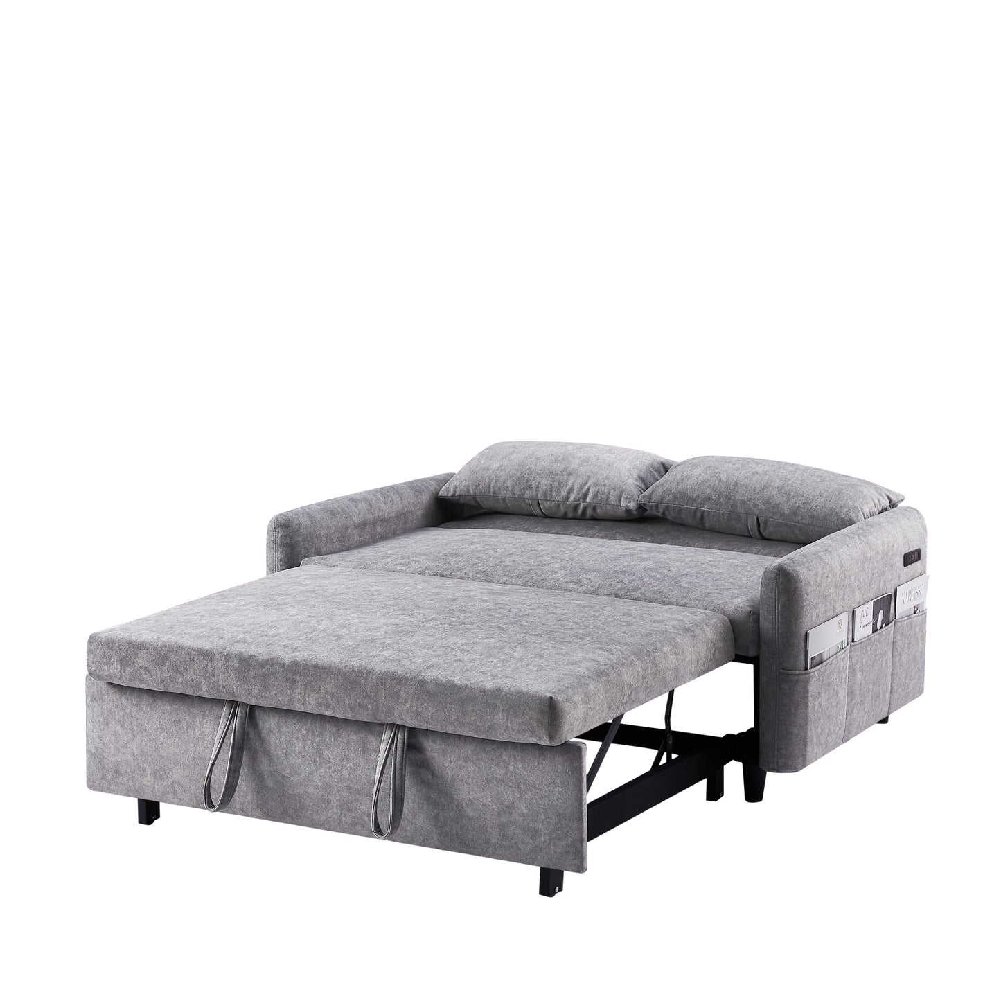 55.1" Pull Out Sleep Sofa Bed Loveseats Sofa Couch with Adjsutable Backrest, Storage Pockets, 2 Soft Pillows, USB Ports for Living Room, Bedroom, Apartment, Office,Grey (Old SKU:WF315689AAE)