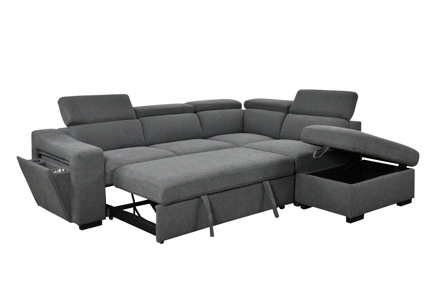 105"L-Shape Sectional Sofa with Pull-Out Bed and Ottoman Storage Space, Convertible Sleeper Couch, Arm with 1 Cup Holders and Wirelessly Charged, for Living Room, Apartment, Dark Gray