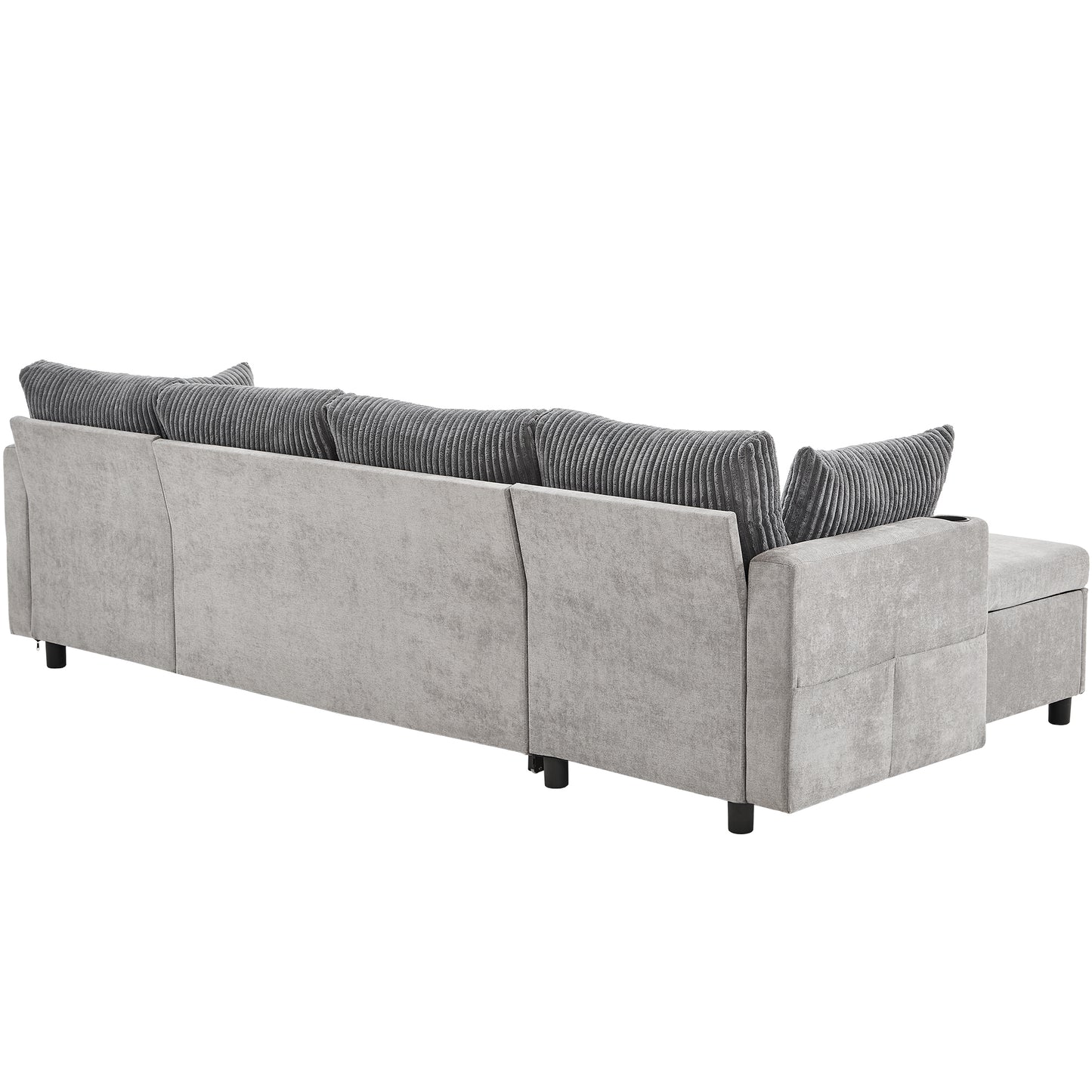 111.8" Sectional Sofa Pull-out Sofa Bed Versatile Sofa Sleeper with Large Storage Space, Two USB Ports and Two Cup Holders for Living Room, Grey