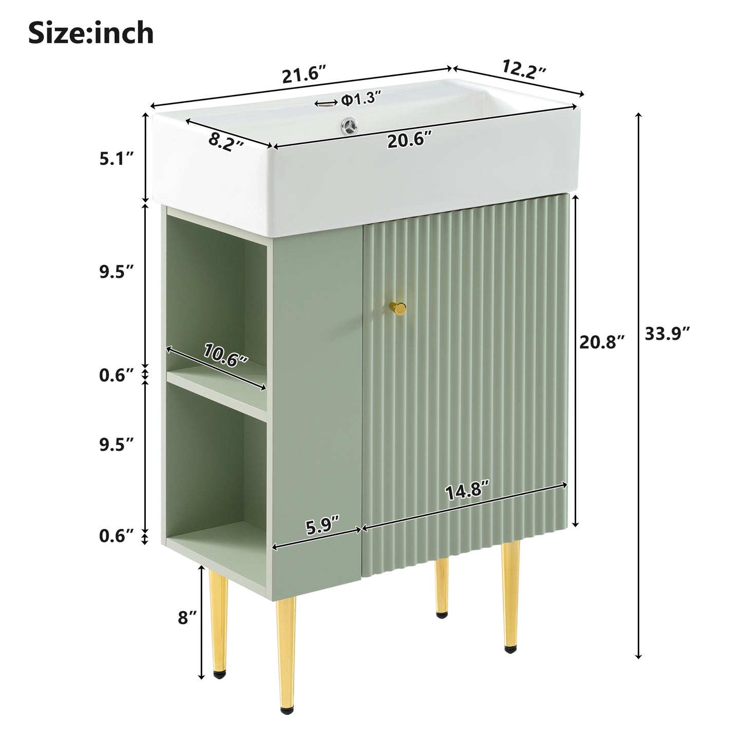 21.6" Green Bathroom vanity, Combo Cabinet, Bathroom Storage Cabinet, Single Ceramic Sink, Left side storage