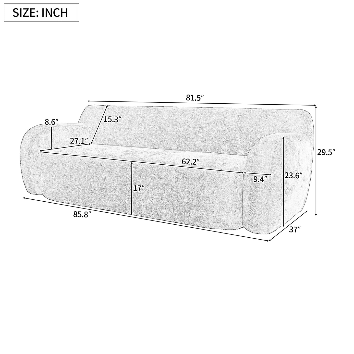 U_Style 81.5" Minimalist Compression Sofa, Curved Design, 3-Seater Casual Sofa for Living Rooms, Bedrooms, and Apartments