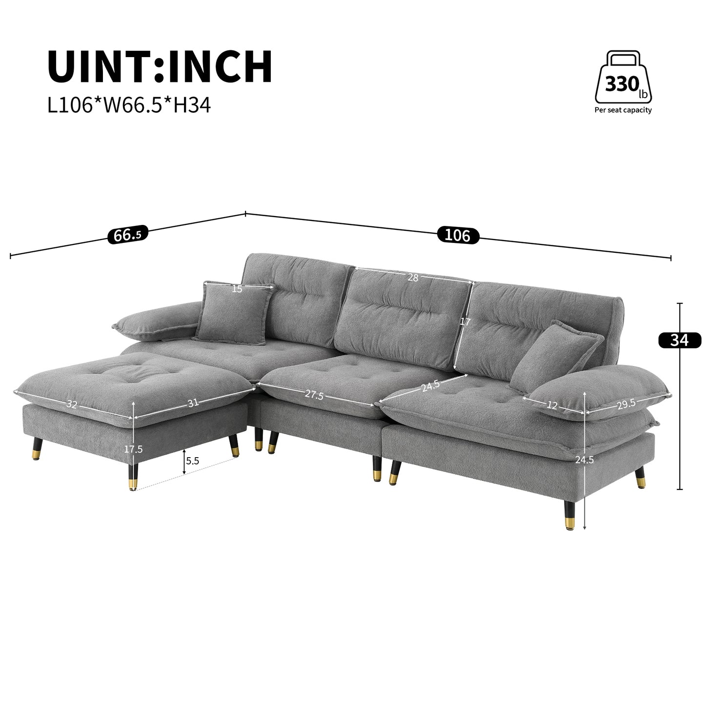 [VIDEO provided][New]106*66.5" L shaped Convertible Sectional Sofa,4 Seat Tufted Couch Set with Two-tone Adjust Legs,Cloud Chenille Fabric,Movable Ottoman for Living Room,  Apartment,Office,3 Colors