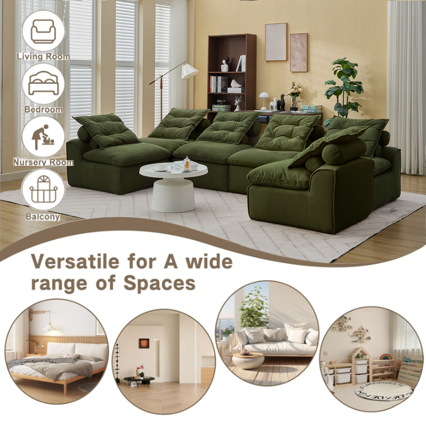 [NEW ARRIVED] [VIDEO PROVIDED]Modular Sofa,No Armrests,At will DIY,Corduroy ,Neck Pillow-Back Lounge Sofa Chair,Reading Nook, or Apartment Living, Lumbar Pillow,6 Seats,Upholstered,Green