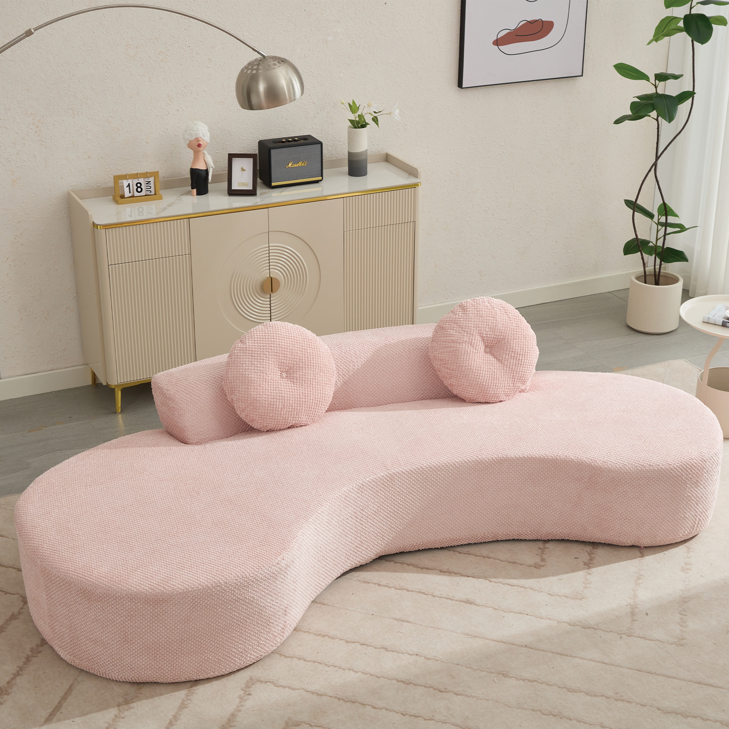 [NEW ARRIVED] [VIDEO PROVIDED]105.5''Curved Sofa, Modern Minimalist Sofa, Cloud Couch Sofa 3-4 Seater Couch with 2 Pillows,Bedroom,  No Assembly Required, Point-shaped corduroy,(Anti-Wrinkle) ,Pink