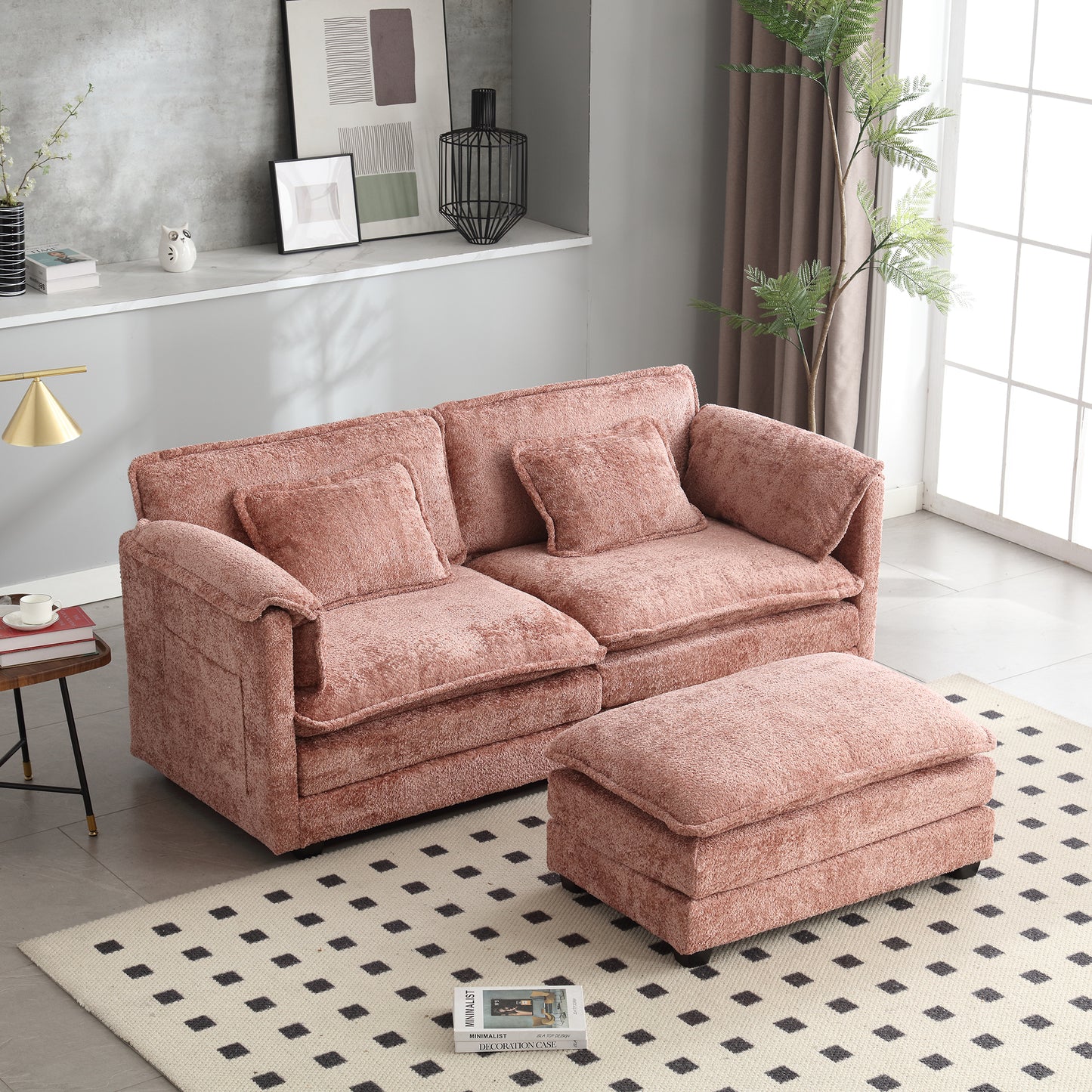 UNITED WE WIN Chenille fabric, removable armrests with side pockets, high density sponge filling, oversized double sofa with footstool