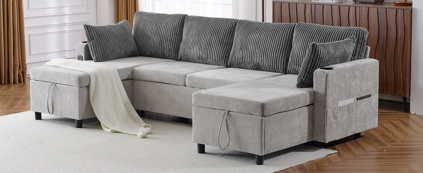 111.8" Sectional Sofa Pull-out Sofa Bed Versatile Sofa Sleeper with Large Storage Space, Two USB Ports and Two Cup Holders for Living Room, Grey