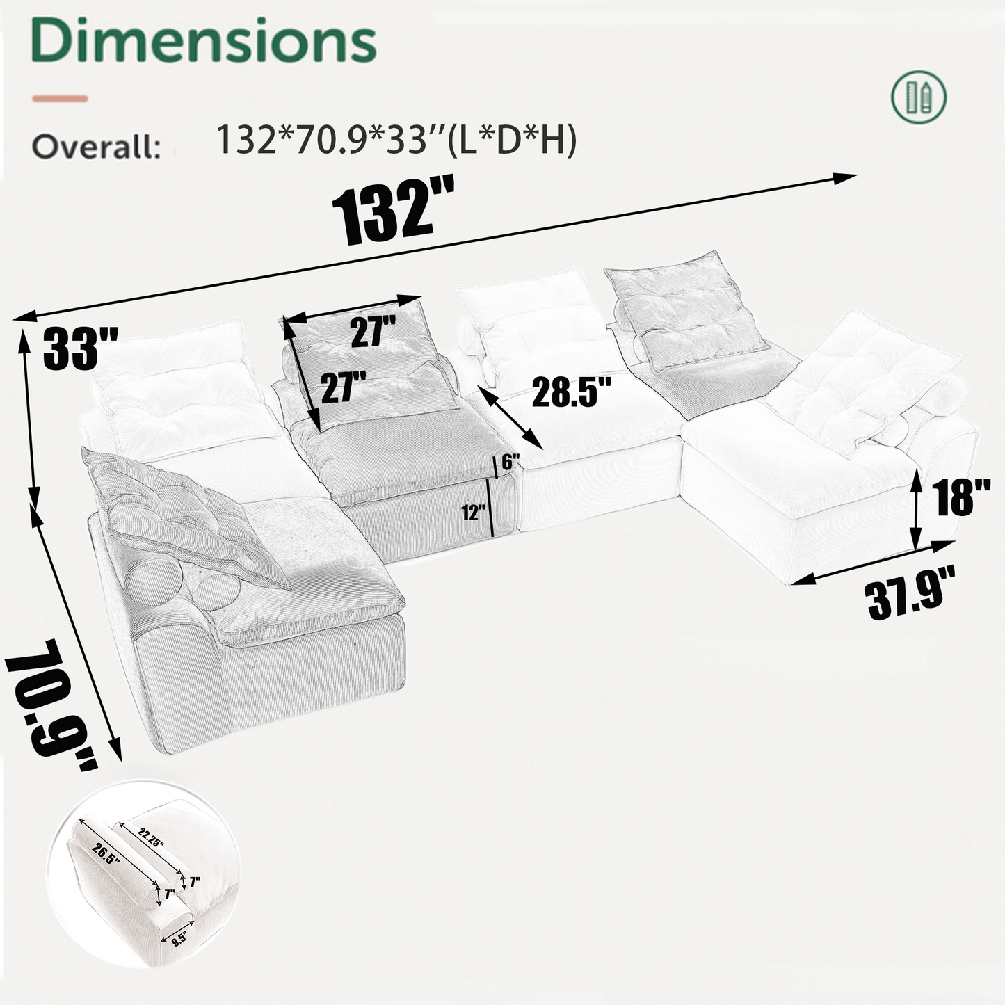 [NEW ARRIVED] [VIDEO PROVIDED]Modular Sofa,No Armrests,At will DIY,Corduroy ,Neck Pillow-Back Lounge Sofa Chair,Reading Nook, or Apartment Living, Lumbar Pillow,6 Seats,Upholstered,Beige