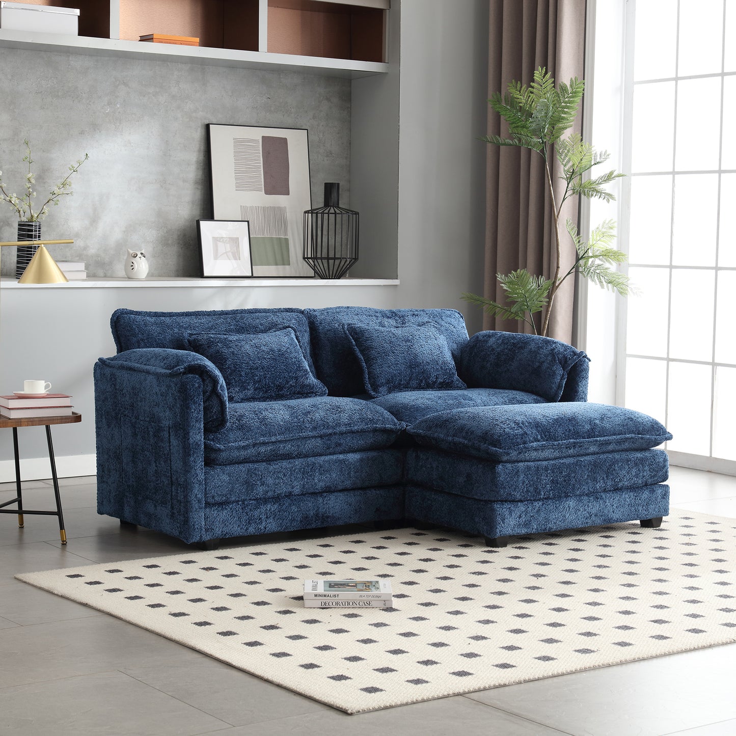 UNITED WE WIN Chenille fabric, removable armrests with side pockets, high density sponge filling, oversized double sofa with footstool