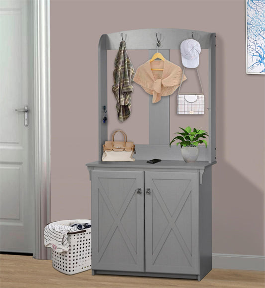 HALL TREE & CABINET "Sophisticated Cape Code Gray Hall Tree with Bench and Shoe Storage – Elegant Entryway Organizer with Adjustable Shelves"