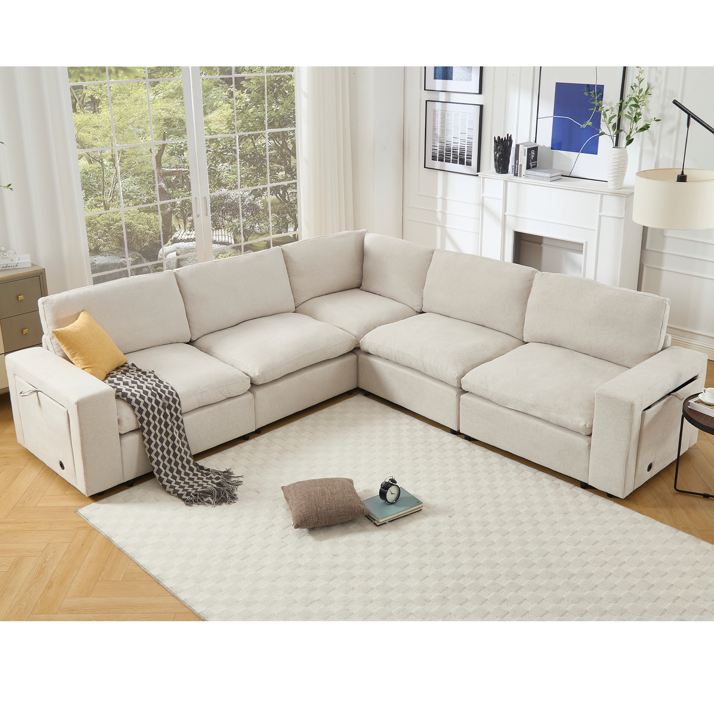 [NEW ARRIVED] [VIDEO PROVIDED]Sectional Couches For Living Room,Modular Couch,Wireless Charging Port & Cup Holders,5-seat ,DIY Combination,L-shaped Sofa,Book Storage Space,Soft Linen Fabric,Beige