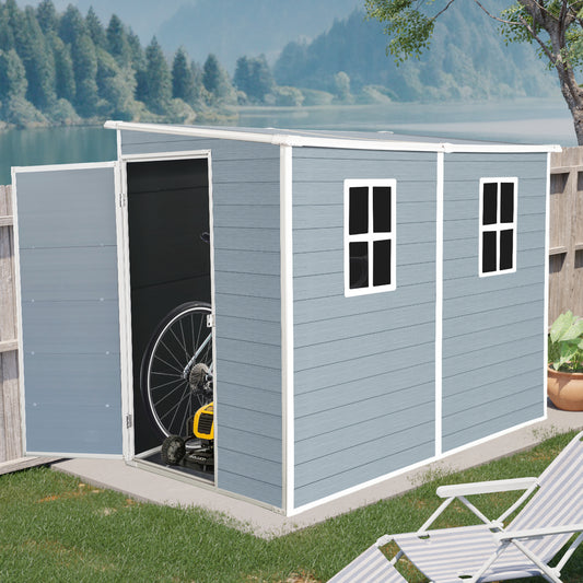 4x8ft Outdoor Storage Shed with Floor Resin shed with Two-Window, Waterproof ,Lockable Doors for Patio,Yard,Lawn ---Gray