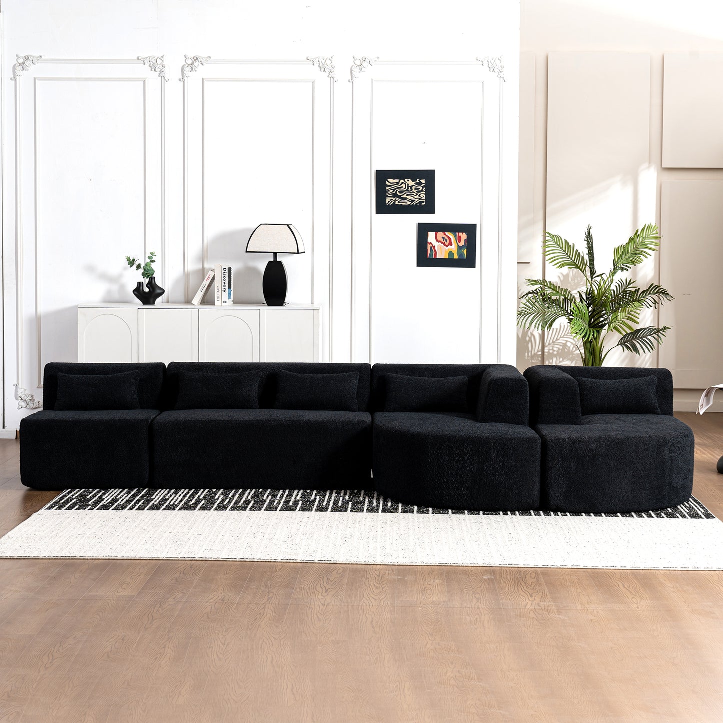 143.7" Upholstered Sofa Free-combined Sofa Couch with Two Chaise Lounge and Five Back Pillows for Living Room, Black