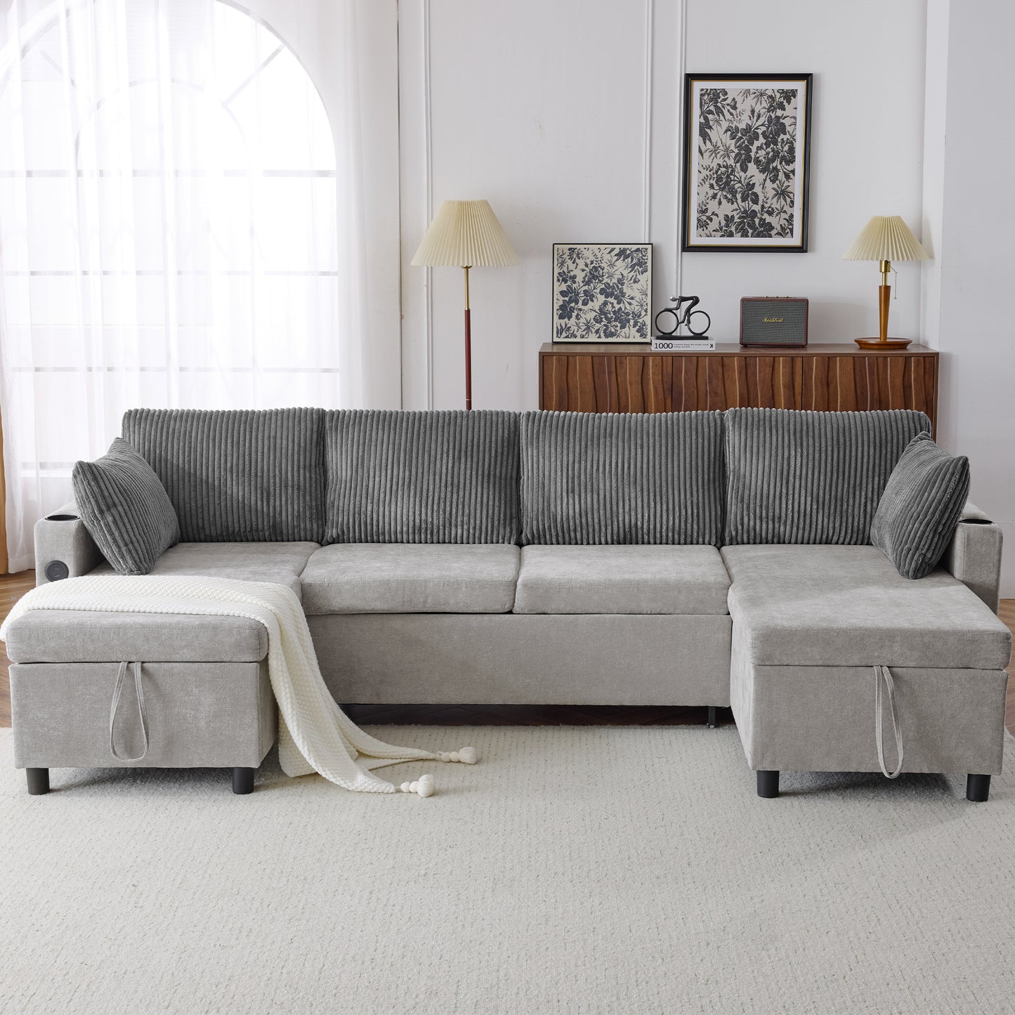 111.8" Sectional Sofa Pull-out Sofa Bed Versatile Sofa Sleeper with Large Storage Space, Two USB Ports and Two Cup Holders for Living Room, Grey