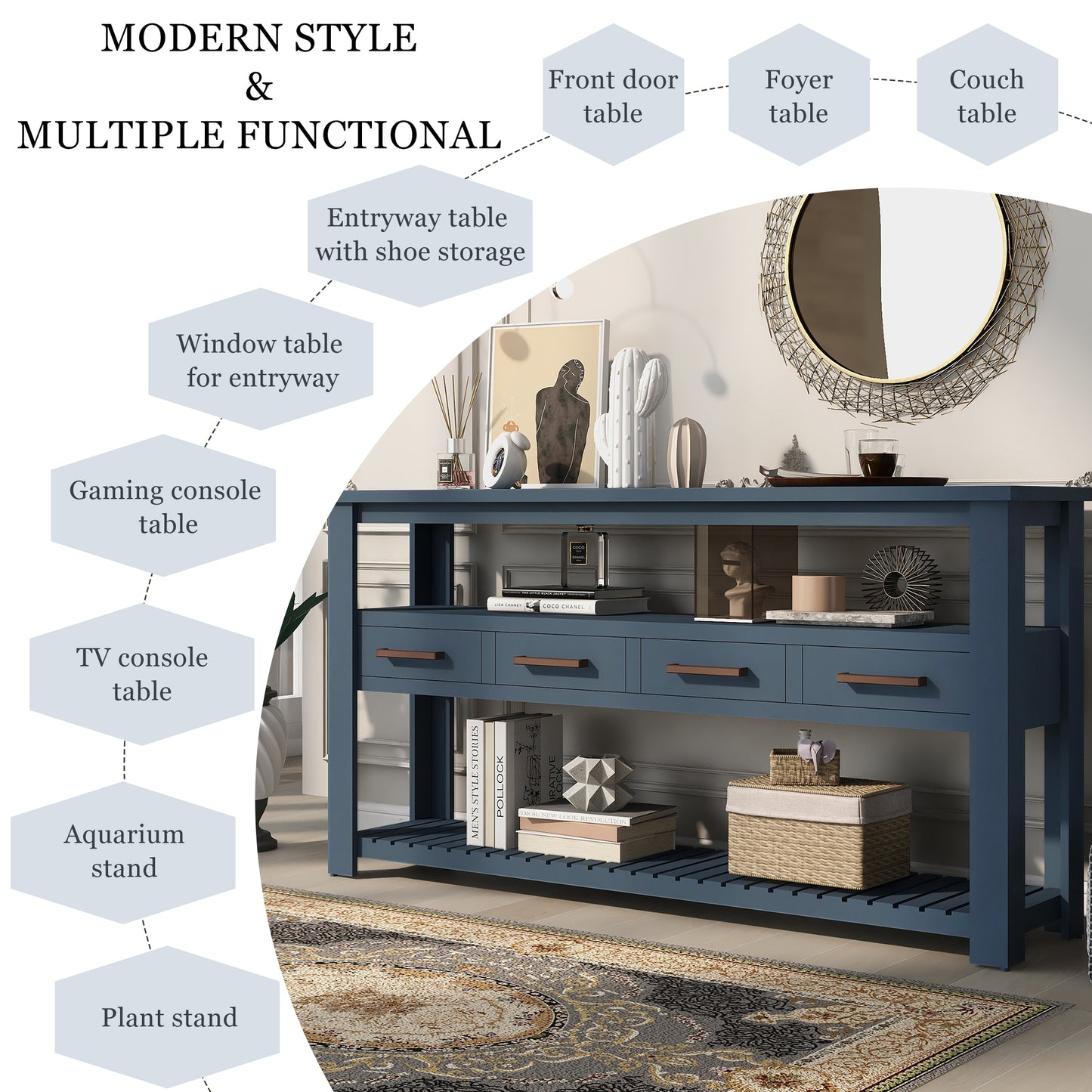 U_STYLE 62.2'' Modern Console Table Sofa Table for Living Room with 4 Drawers and 2 Shelves